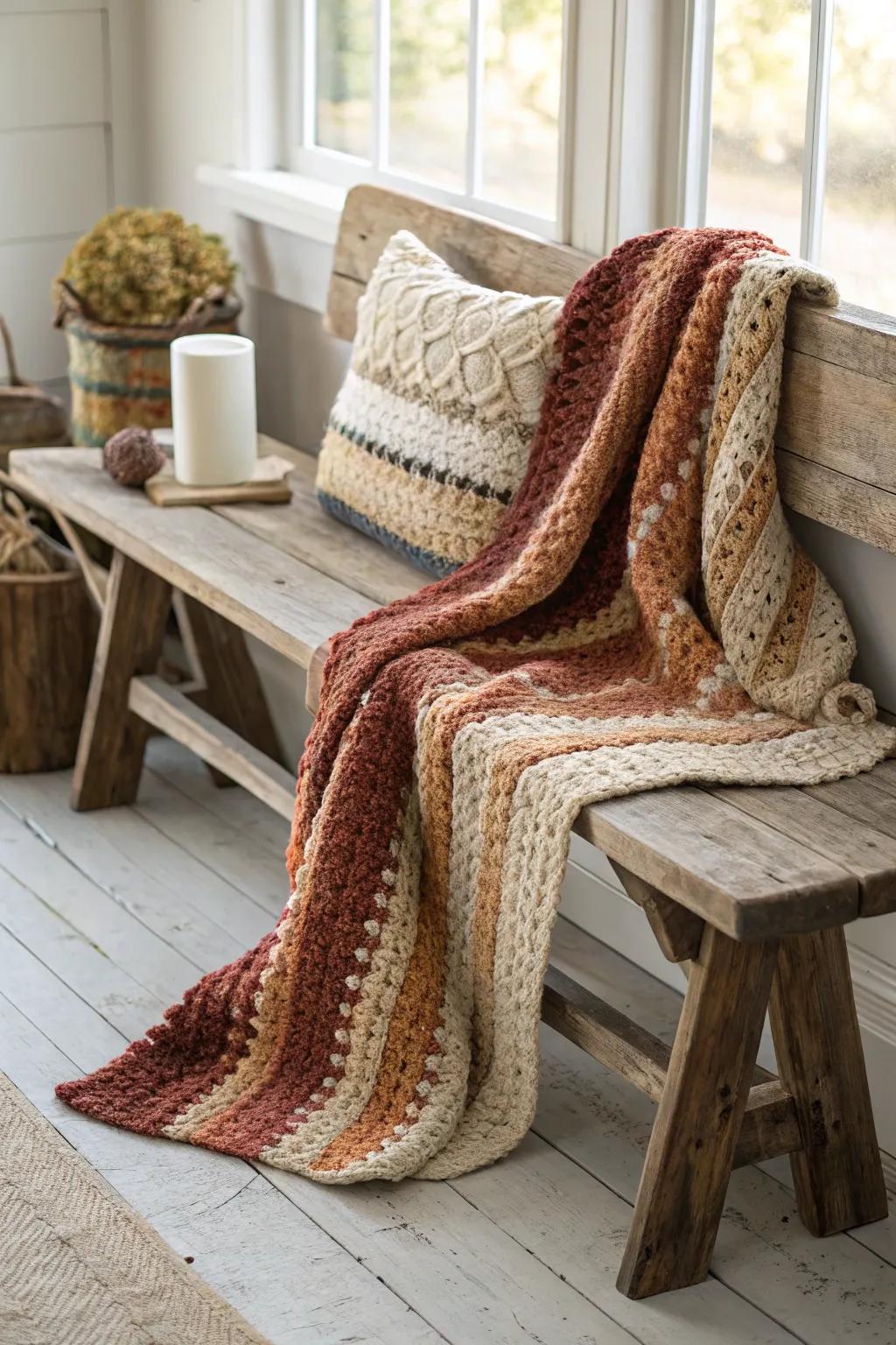 Embrace cozy vibes with a rustic farmhouse crochet blanket.