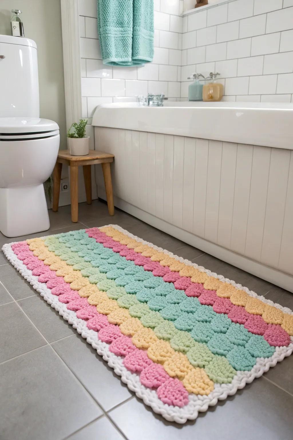 A bathroom featuring a colorful bubble gum crochet rug.