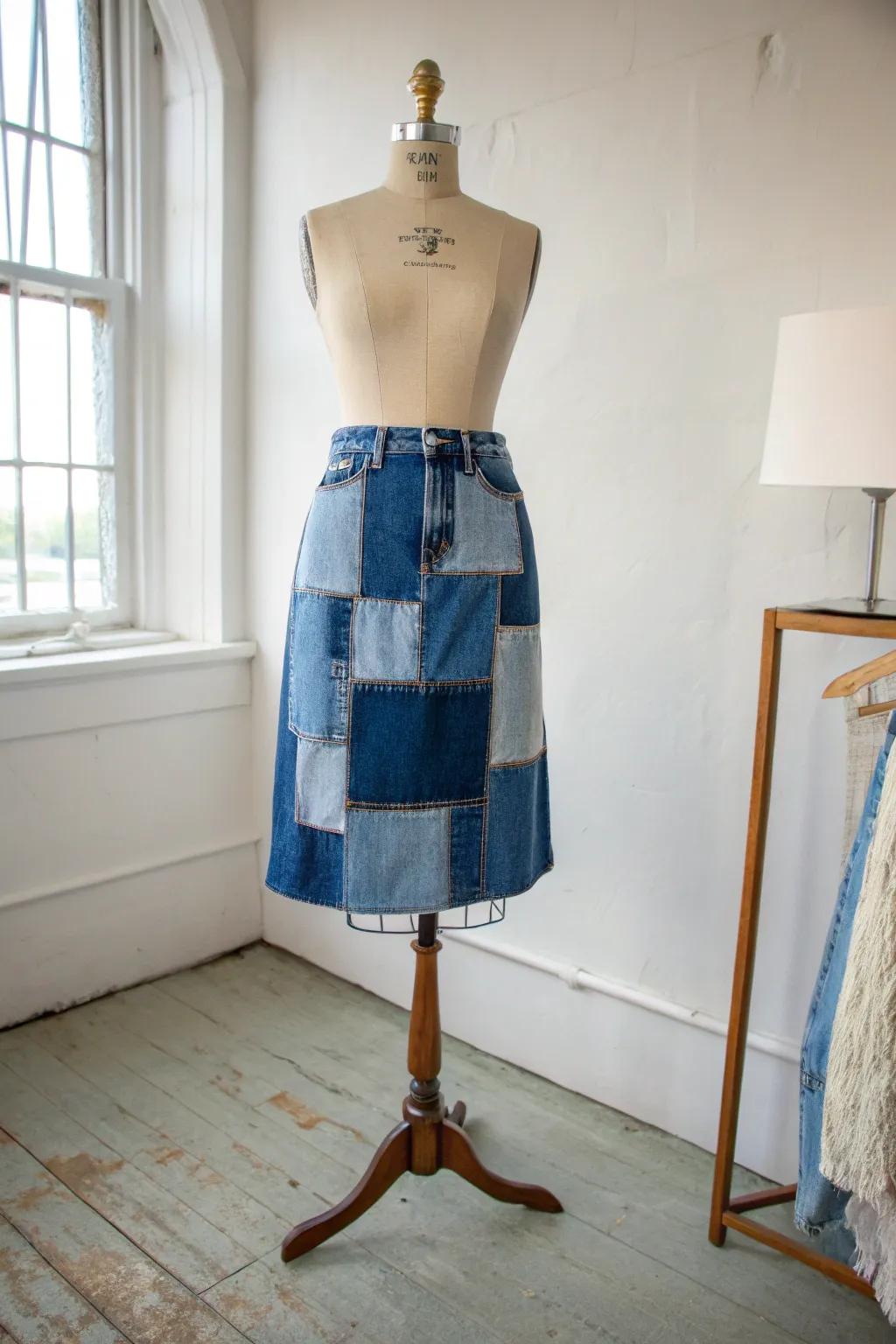 Patchwork denim skirt adds a playful twist to classic denim.