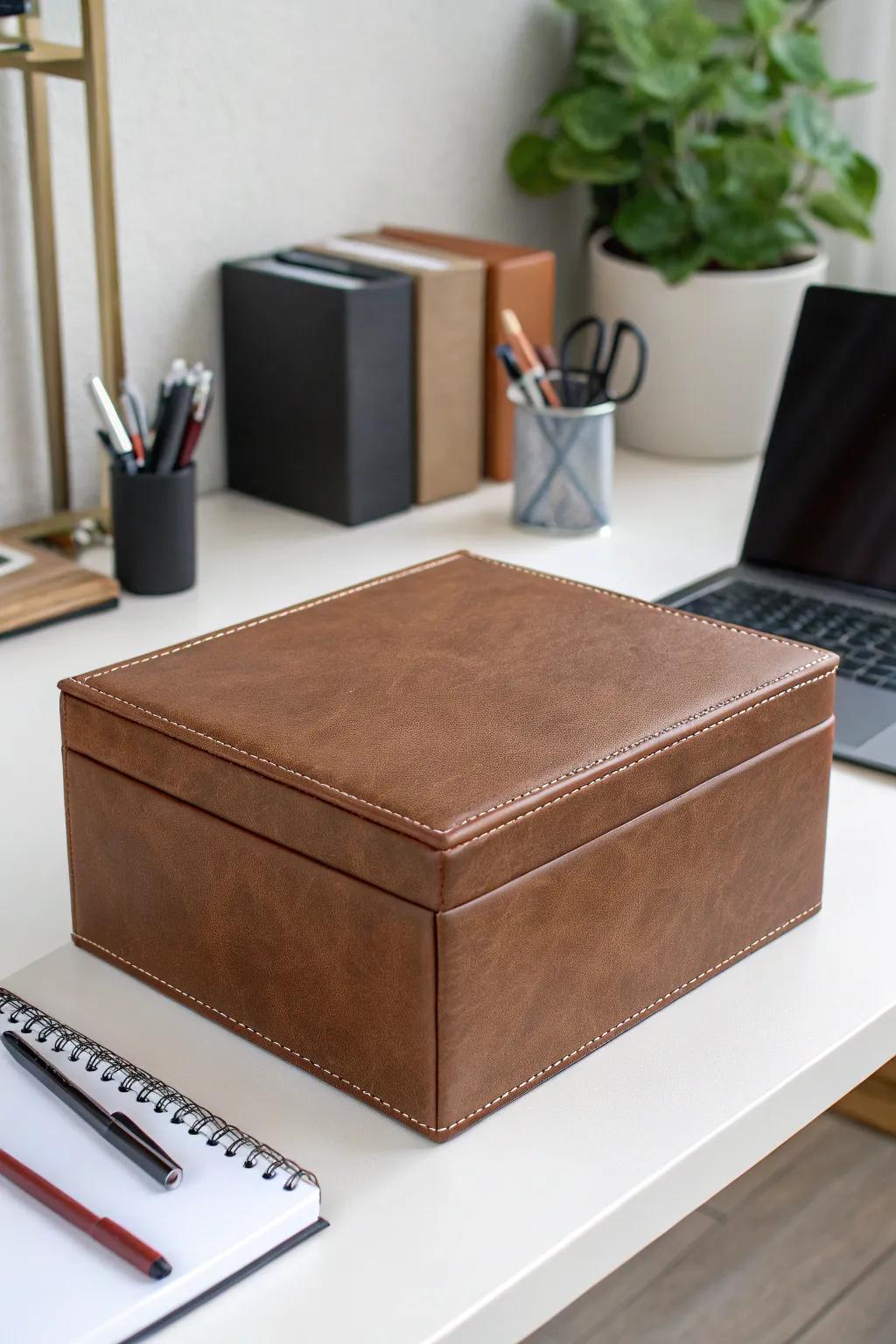 A sleek box covered with faux leather.