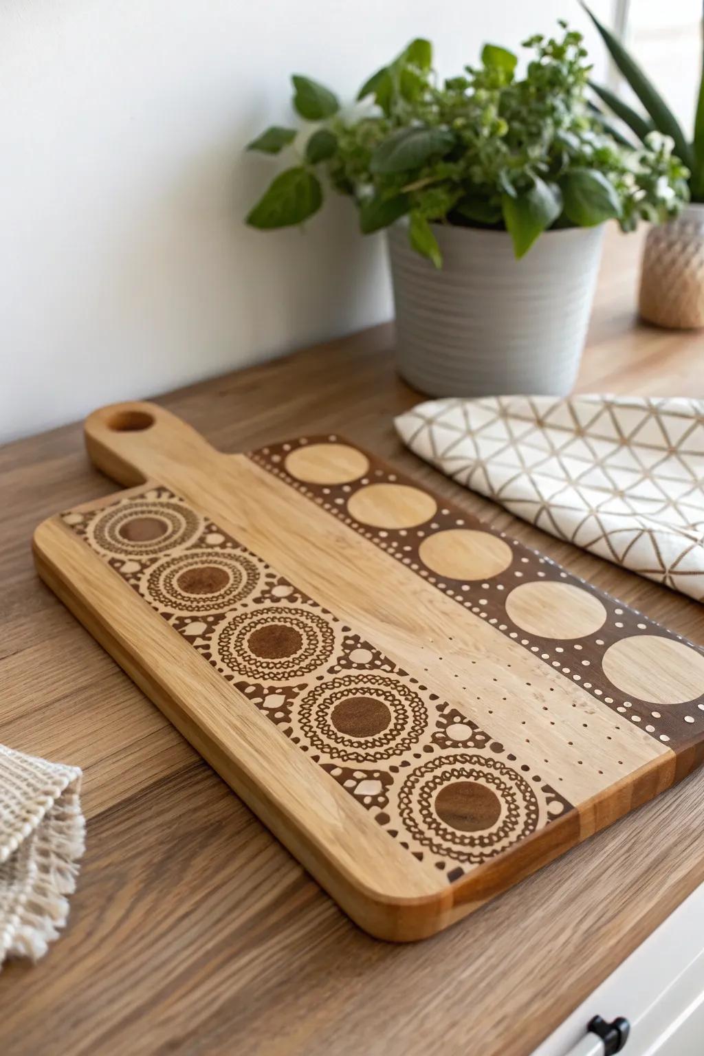Whimsy meets simplicity: Transform your kitchen with delightful polka dot patterns on a handcrafted cutting board.