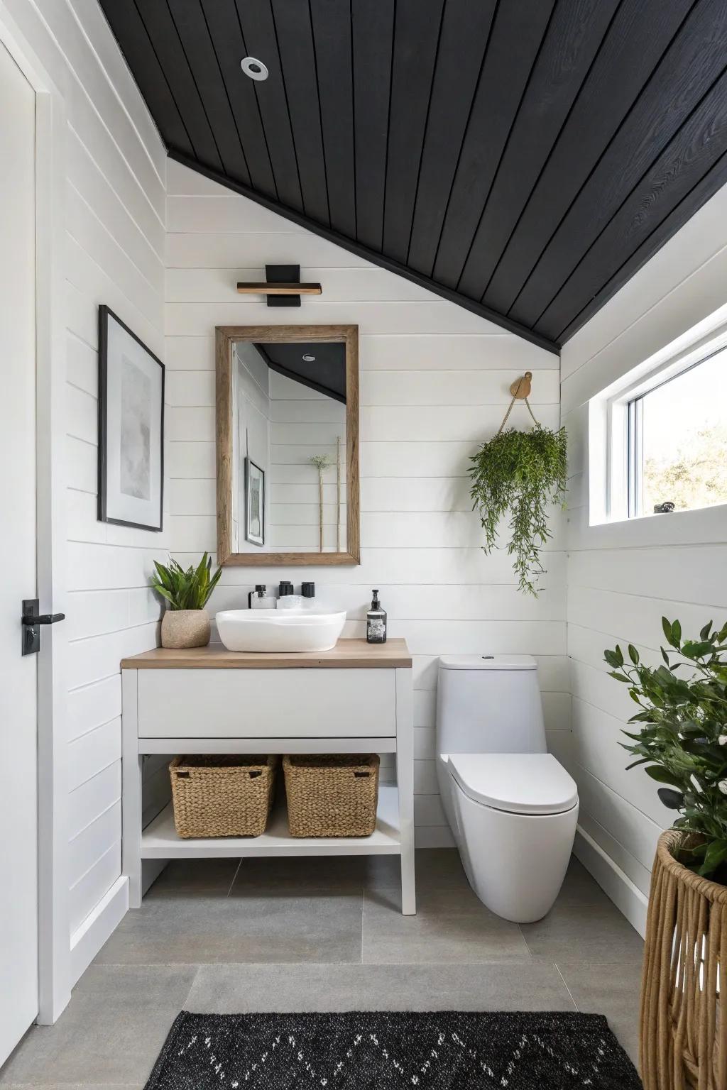 A minimalist powder room featuring a black ceiling and Scandinavian-style decor.