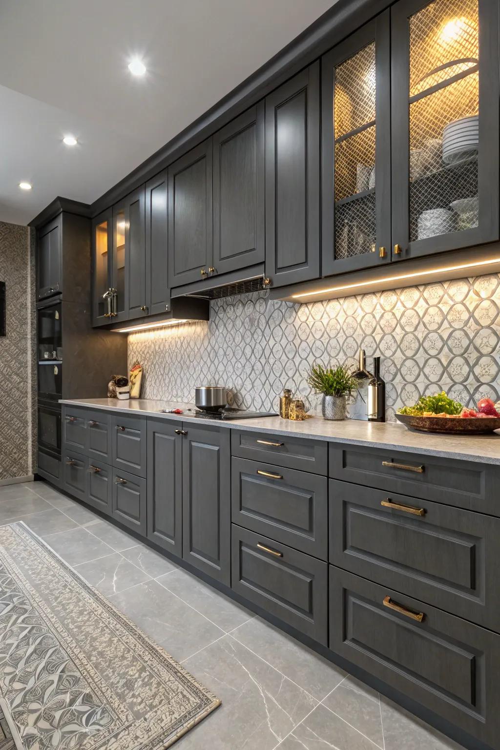 Unique textures add depth and interest to dark gray cabinets.