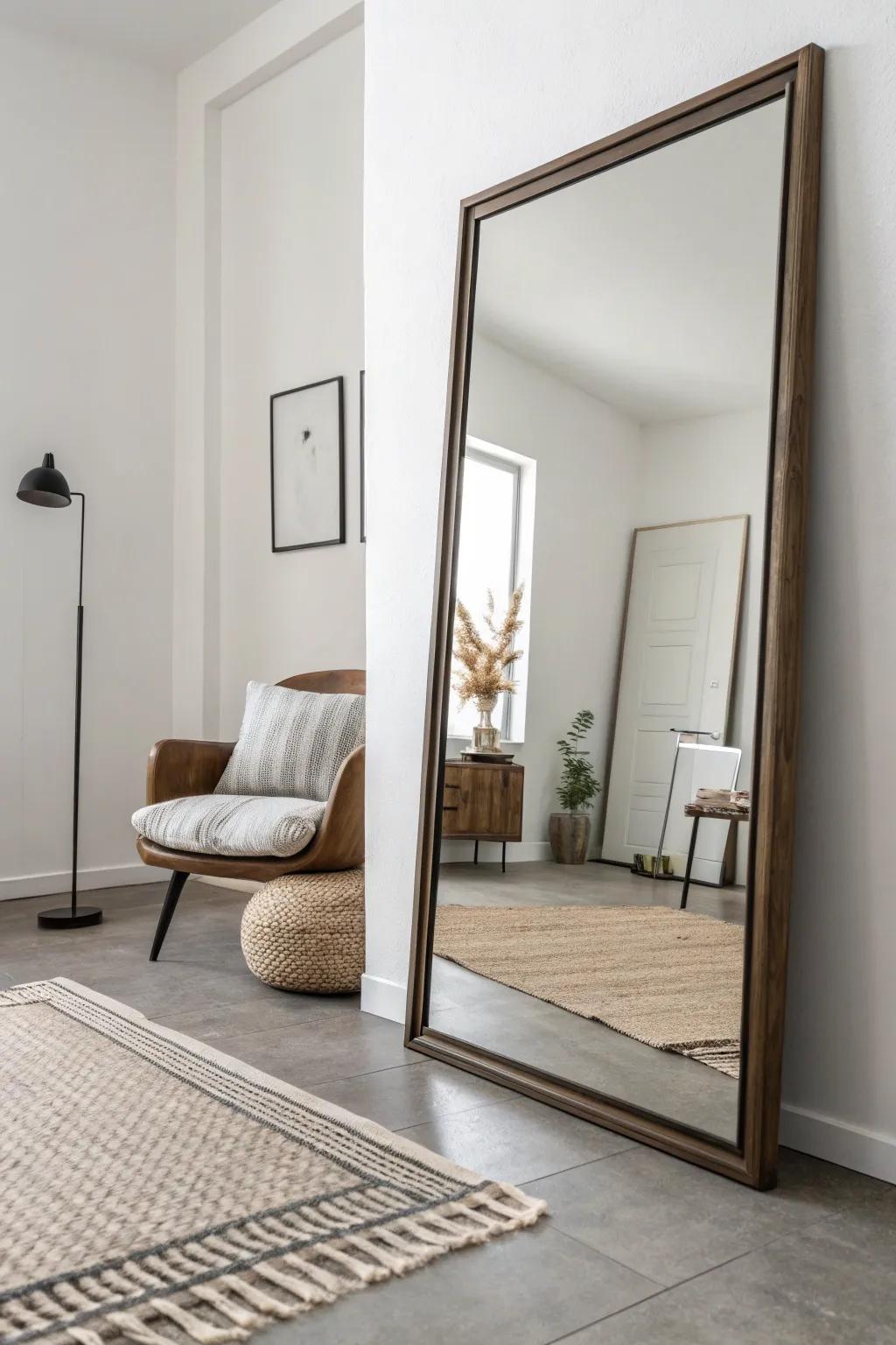 A frameless mirror offers a clean, minimalist look.