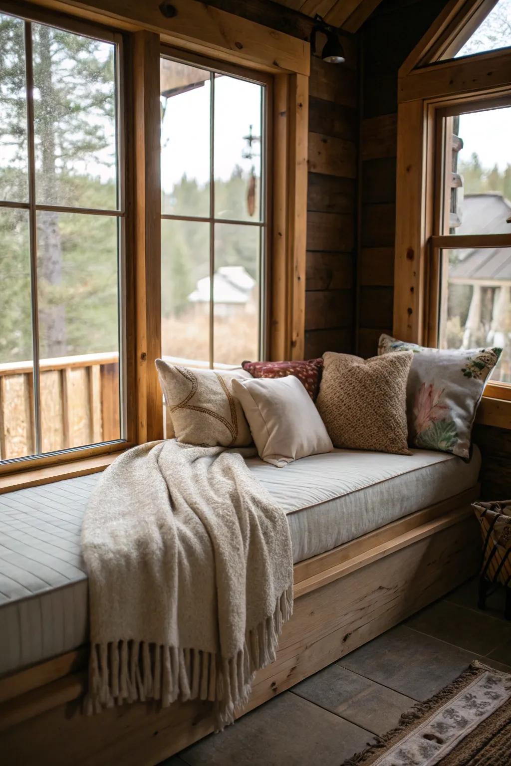 A relaxing nook offers a cozy spot for reading or napping.