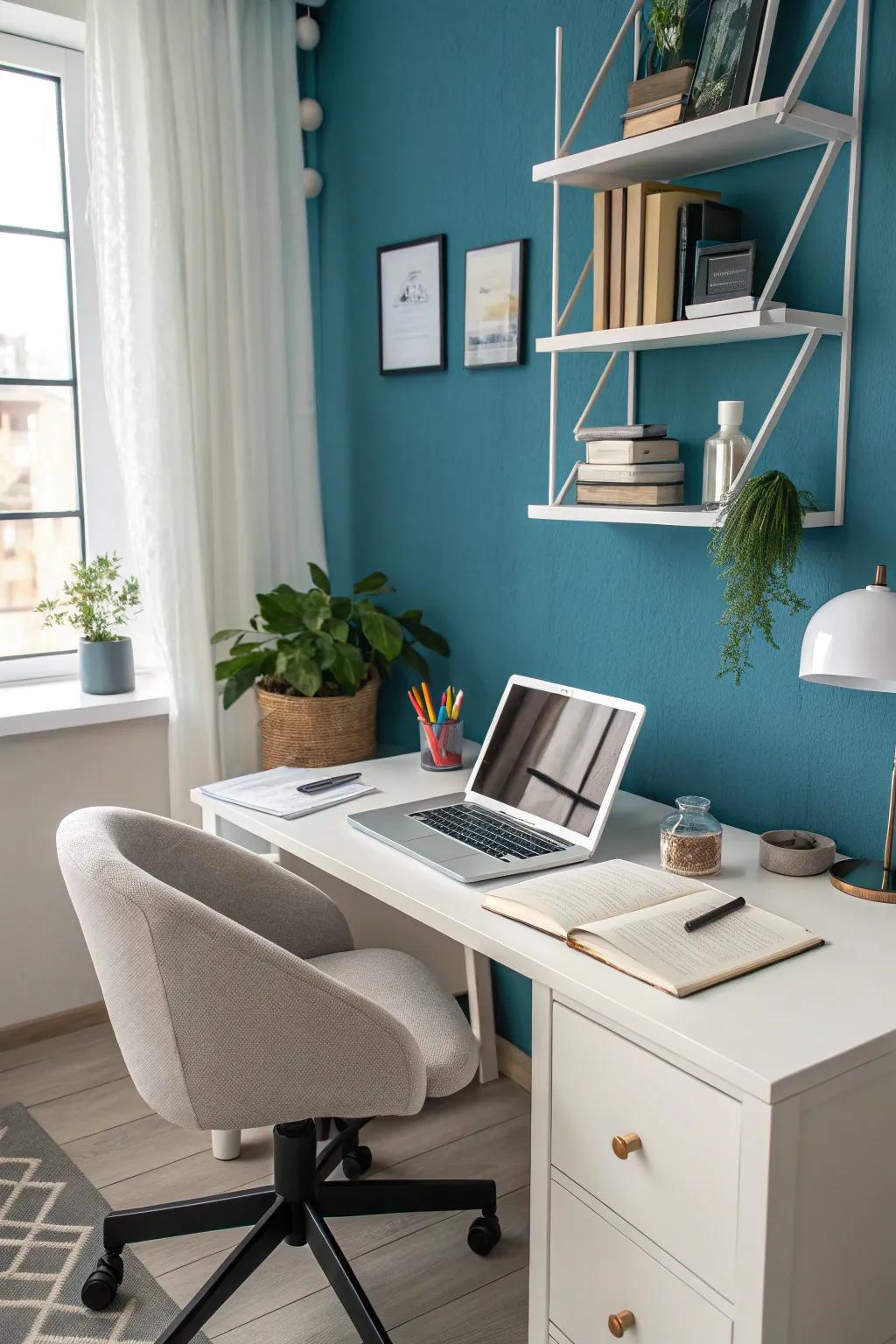 An accent wall helping to define a dedicated workspace.