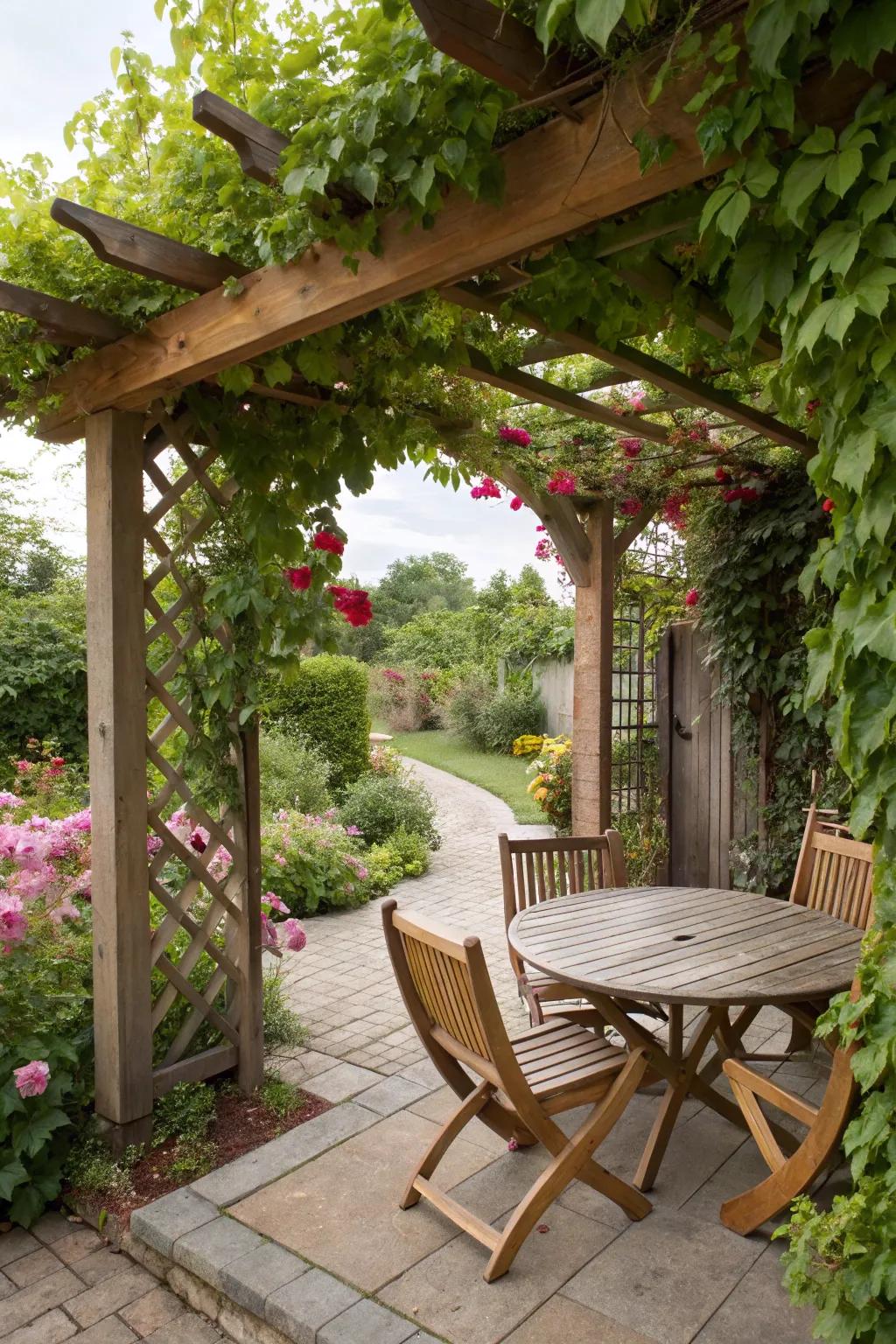 A trellis adds vertical interest and greenery.