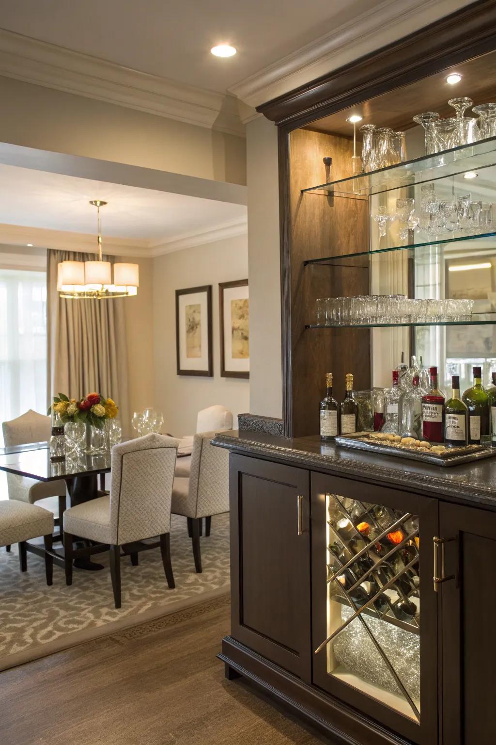 A wet bar adds luxury and practicality to the dining room.