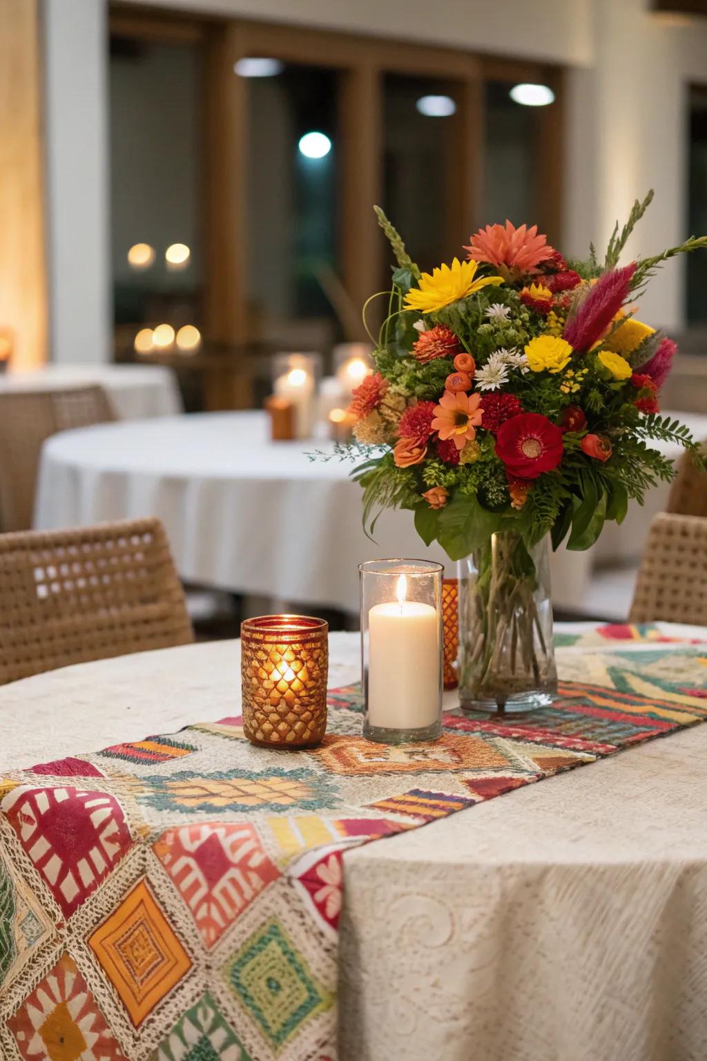 A stylish table setting featuring decorative table linens and a complementary centerpiece.