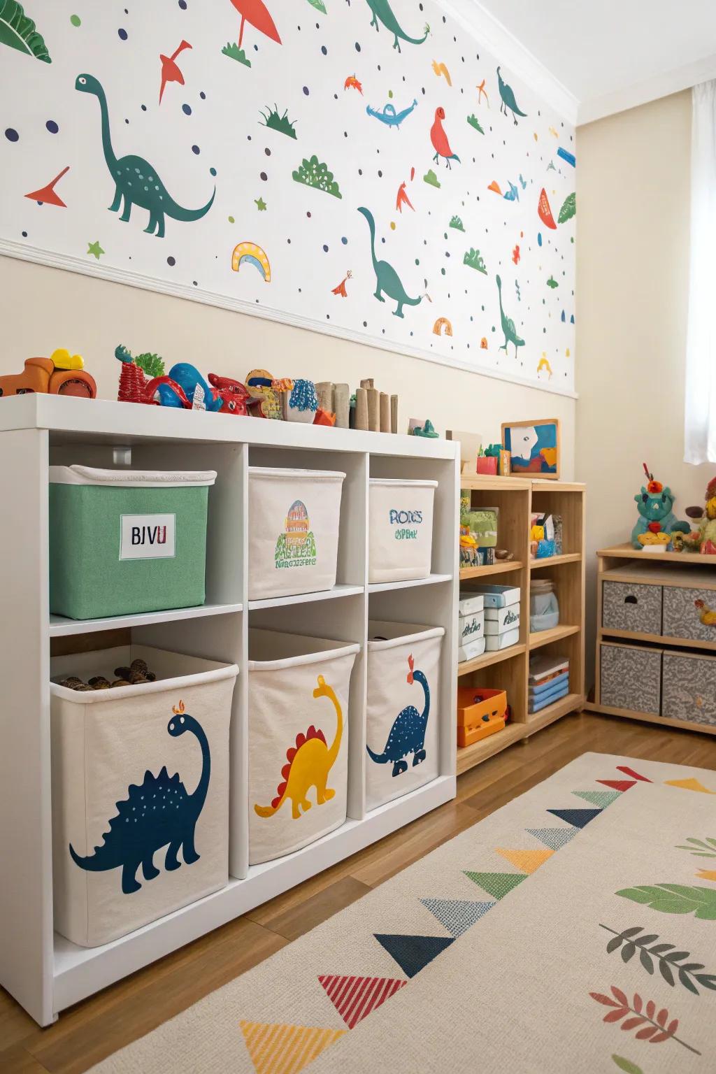 Dinosaur-themed storage solutions keep this nursery tidy and fun.