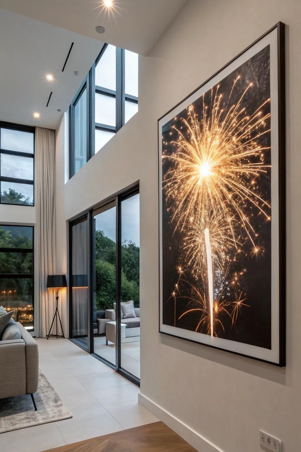 Add sparkle to your walls with glittery firework art.