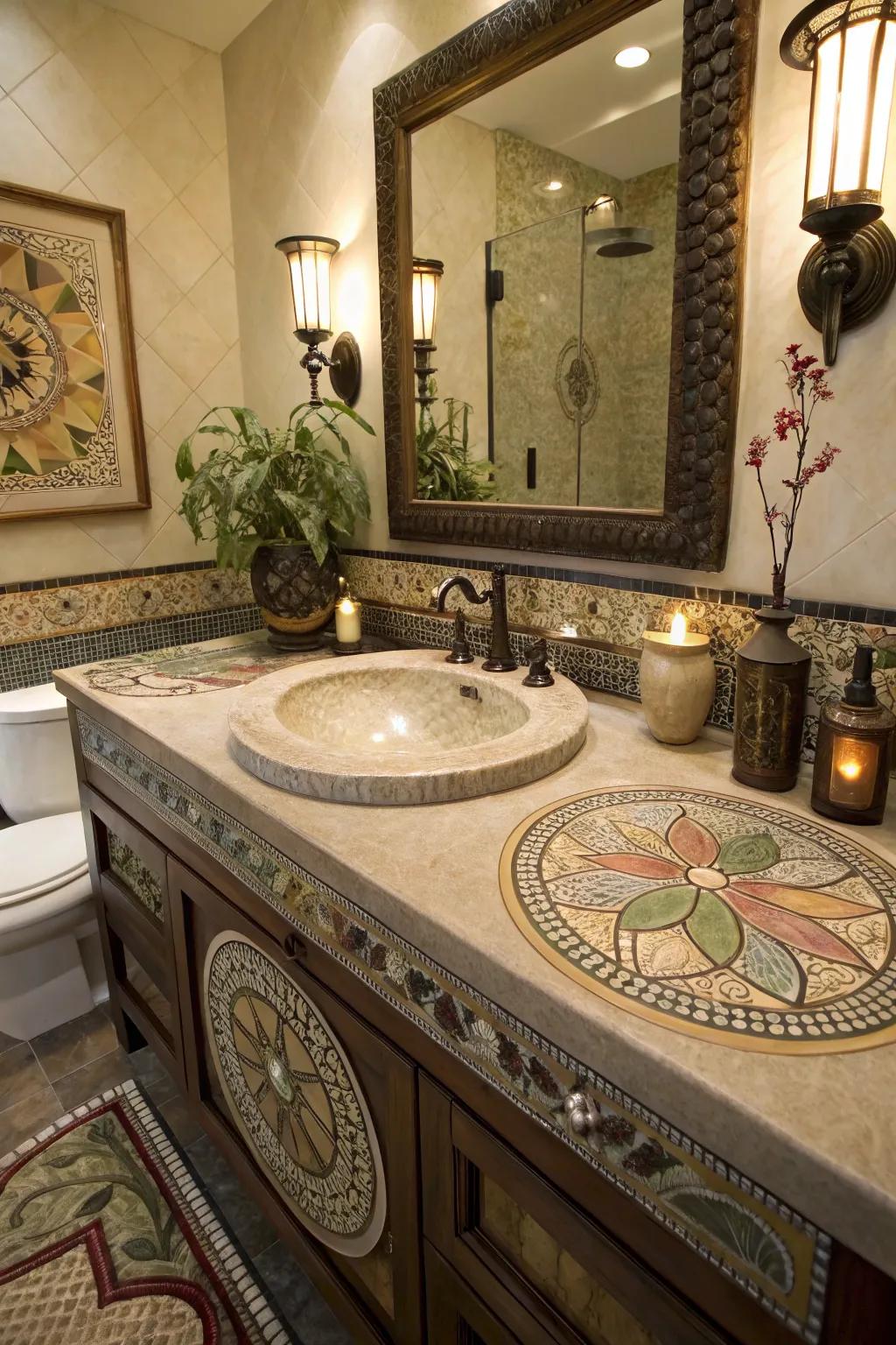 Add artistic flair with intricate mosaic inlay countertops.