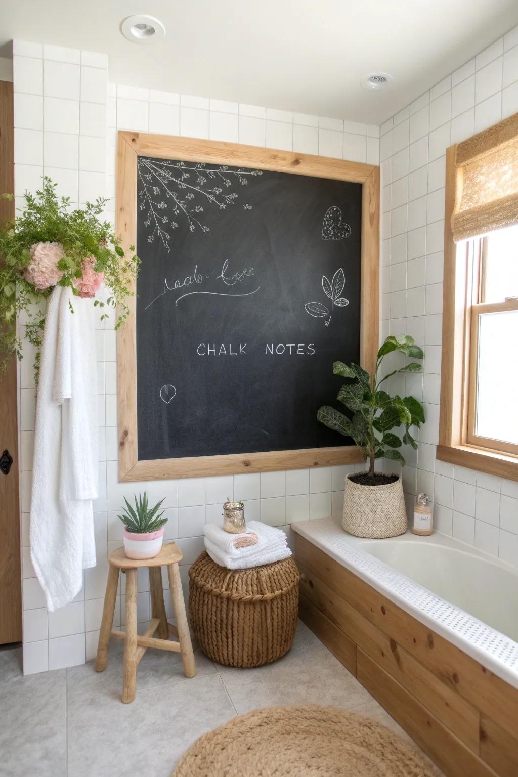Transform your bathroom with a chic chalkboard wall for notes and creative doodles—perfect for adding a personal touch!
