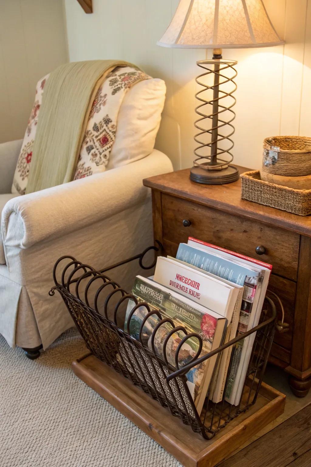 A stylish and tidy way to organize magazines using a bed spring.