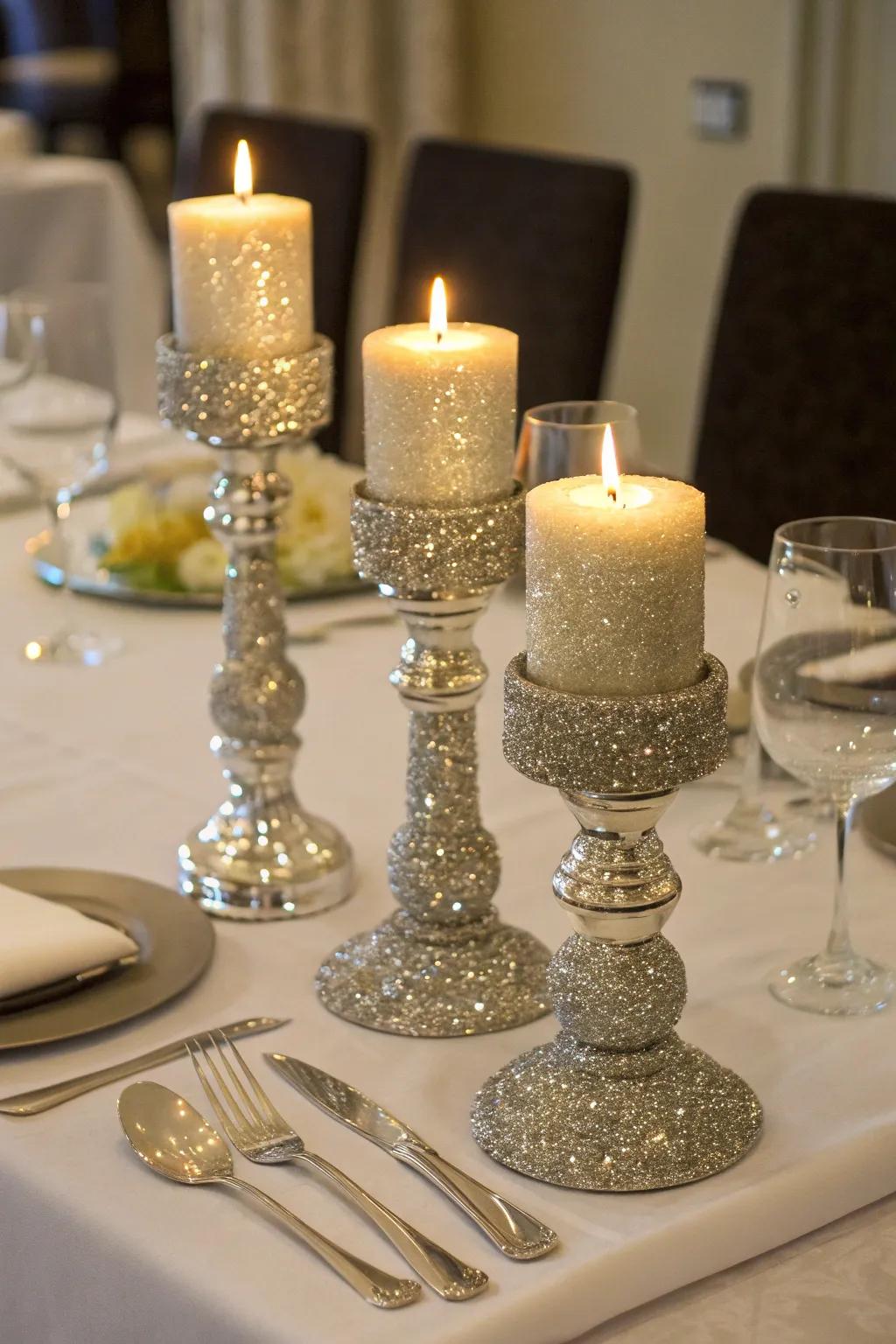 Glamorous glittering candle holder centerpiece