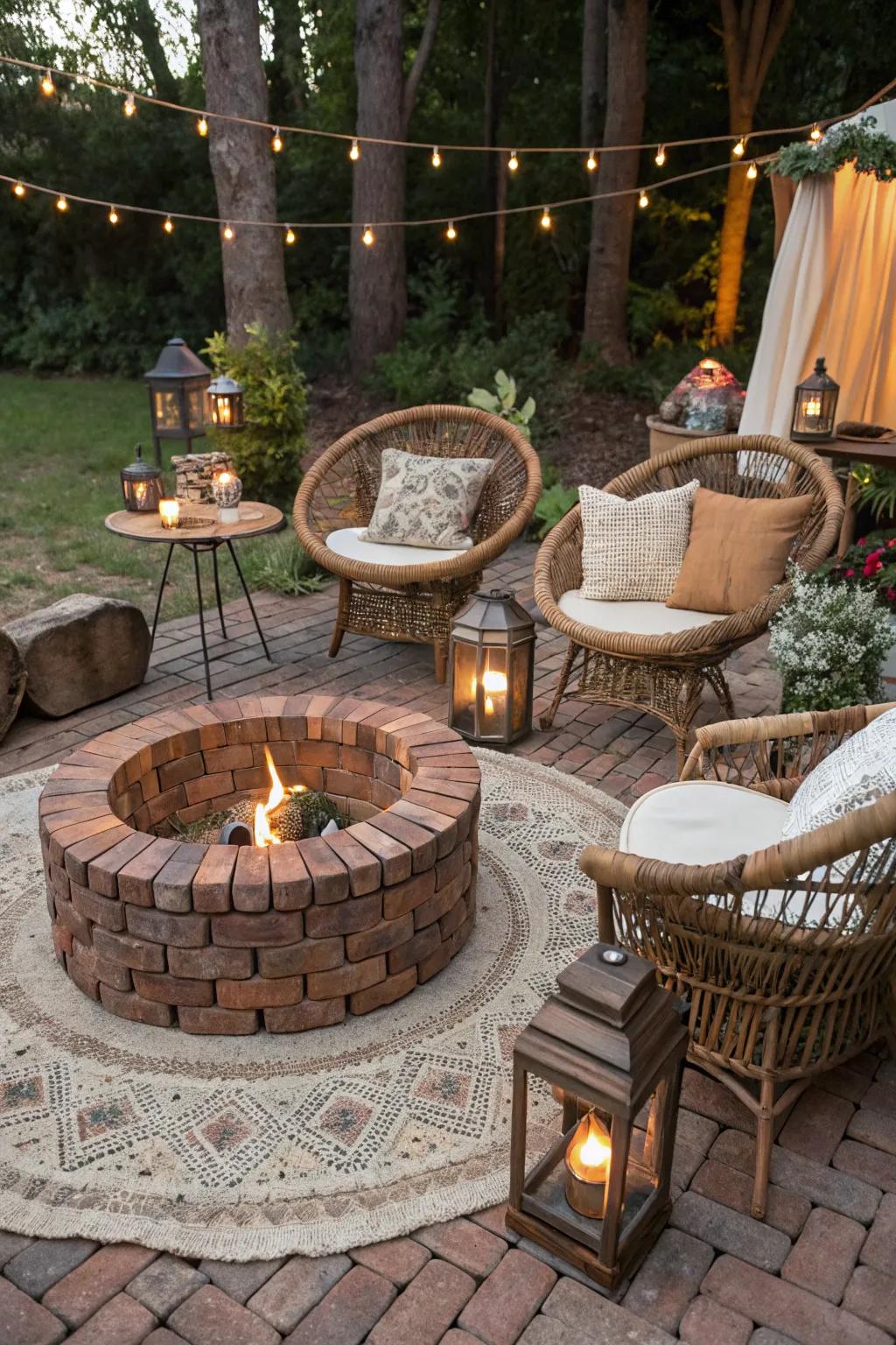 Bohemian elements bring warmth and character to this fire pit area.