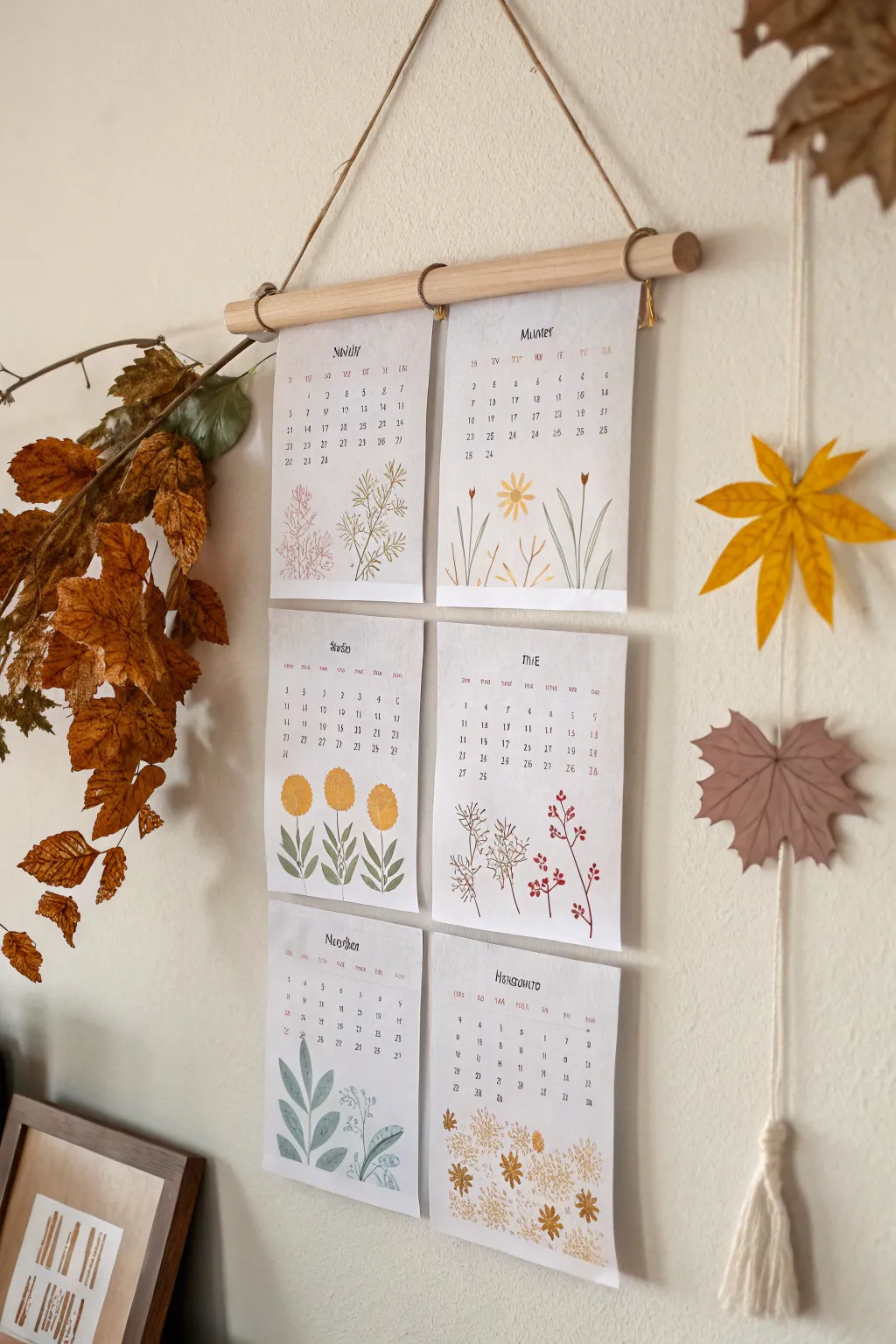 DIY wall decor ideas with paper calendar pages hanging on a wall from a wooden dowel