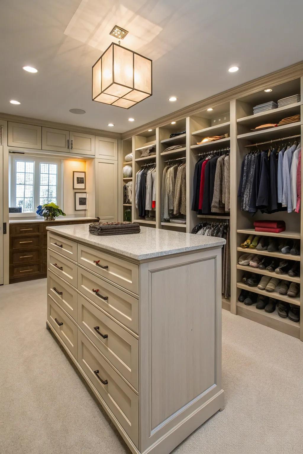 A closet island adds luxury and practical storage to larger spaces.