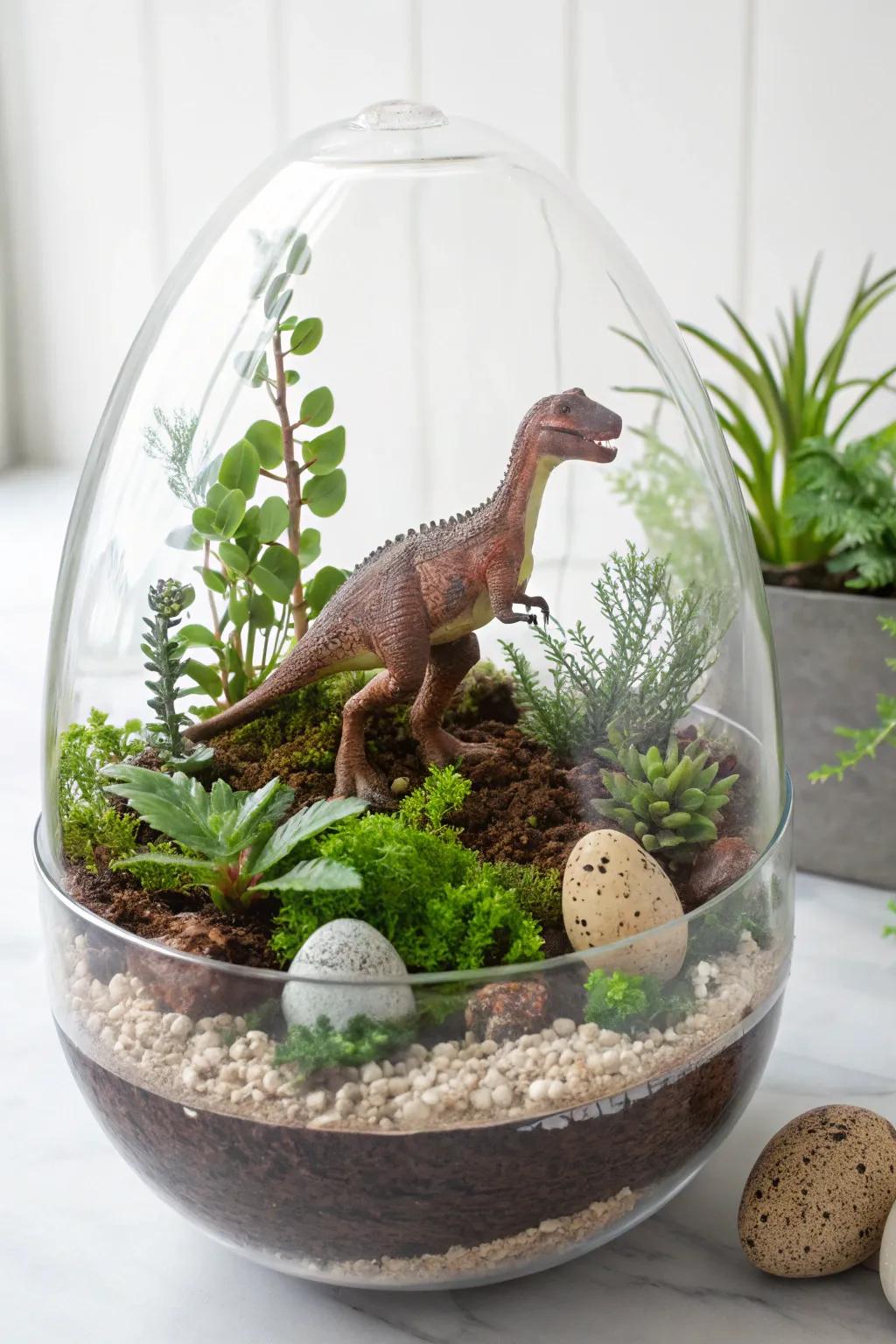 Combine mystery and creativity with a dinosaur egg terrarium centerpiece.