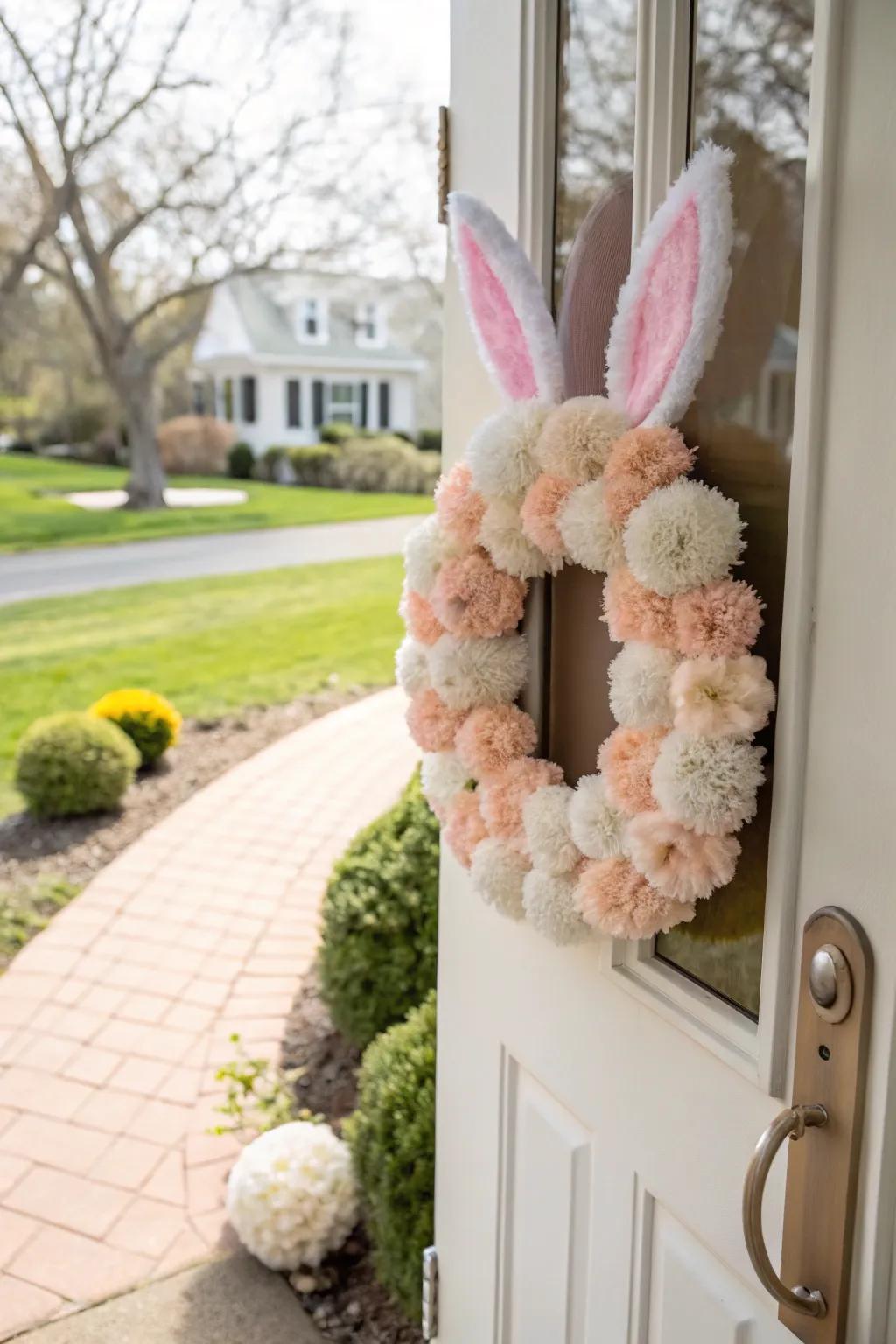 A pom-pom bunny wreath adds a whimsical and welcoming touch to your entryway.