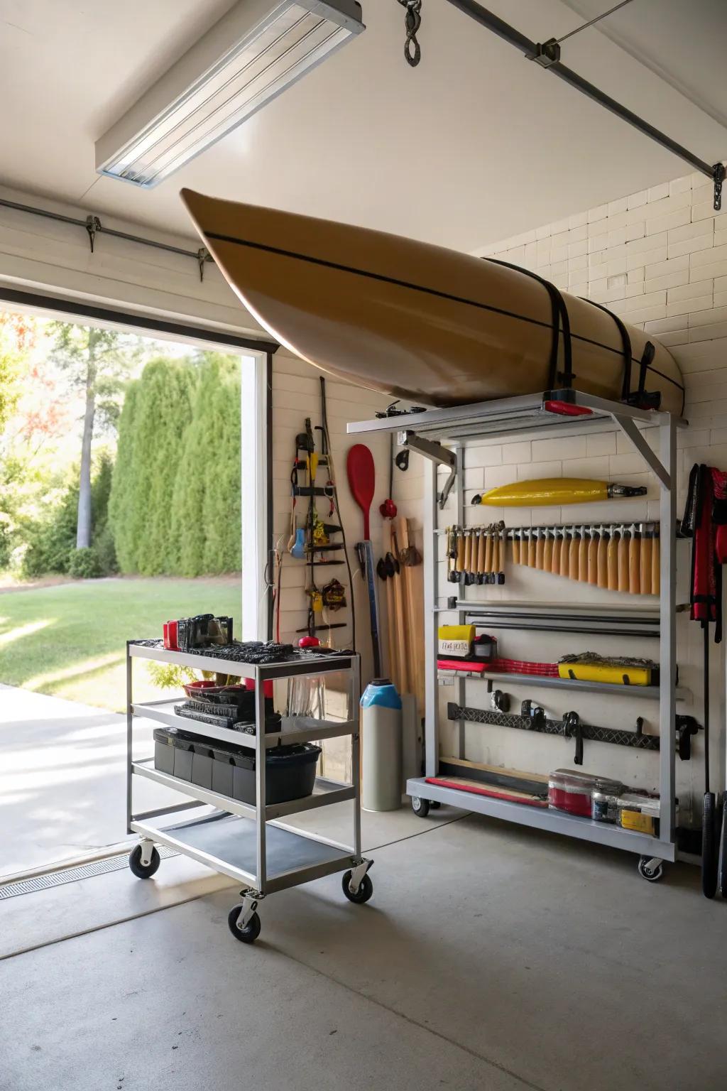 Move your canoe with ease using a rolling garage rack.