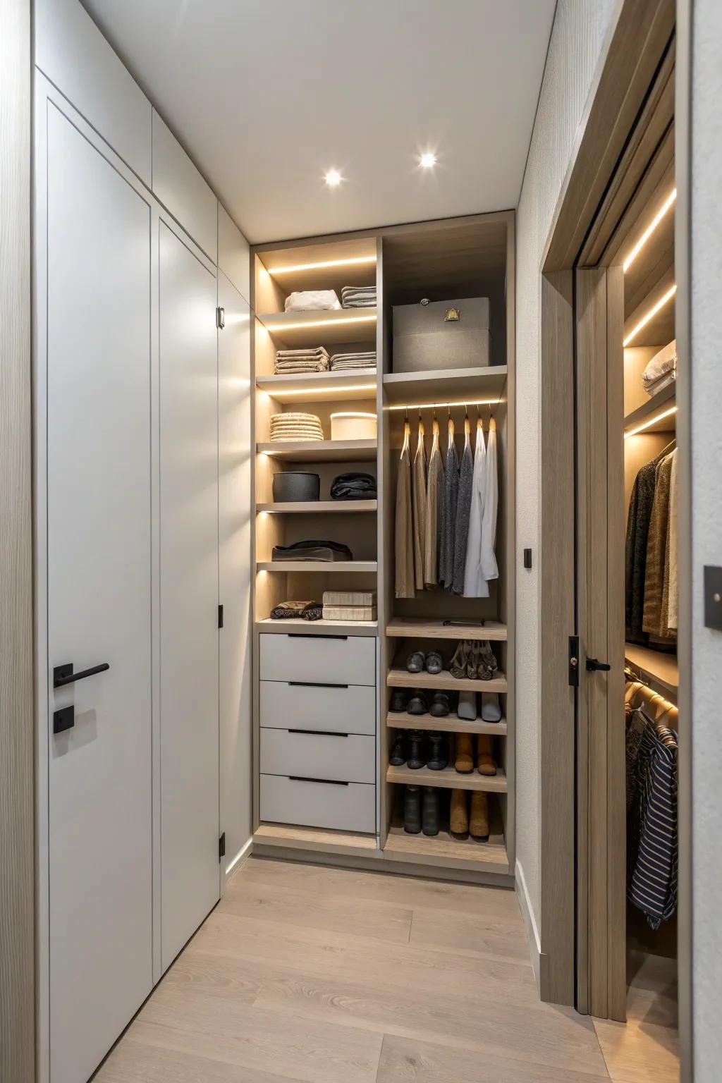 Hidden storage compartments keep small closets tidy and functional.