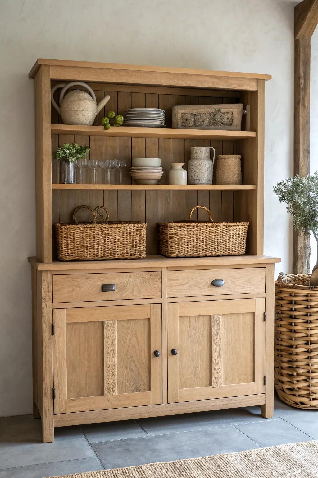 Transform your kitchen with a minimalist hutch featuring customizable inserts for stylish and flexible storage solutions.