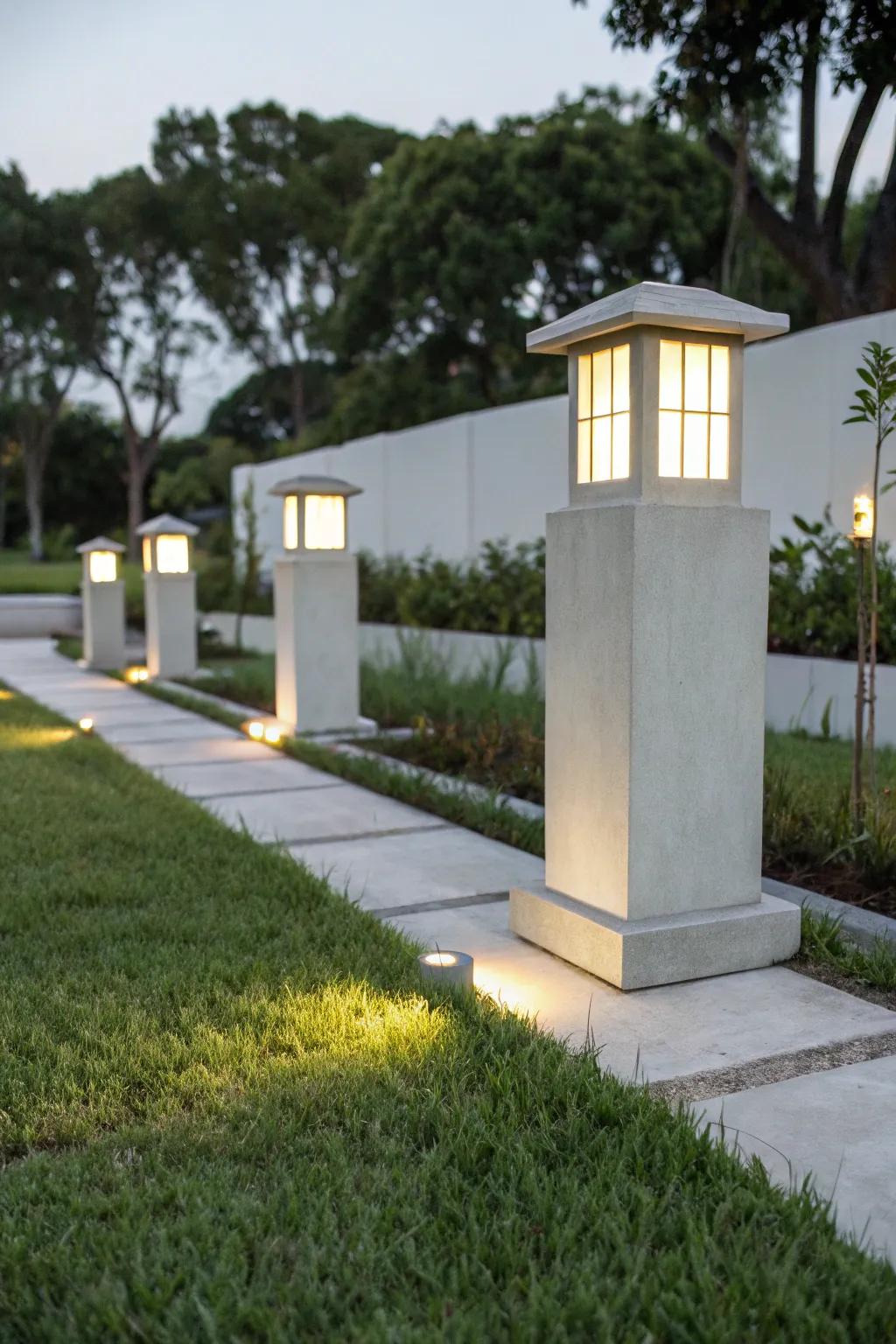 Concrete lanterns offer a modern industrial vibe perfect for gardens.