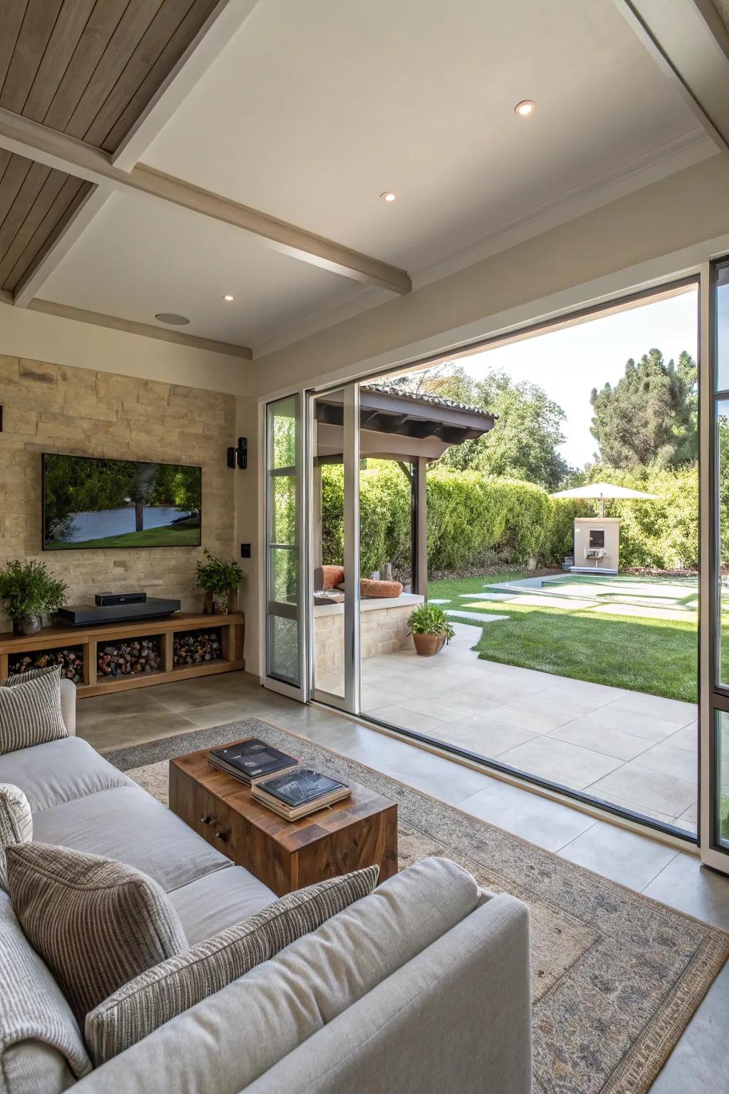 An indoor-outdoor TV lounge offers flexible entertainment space.