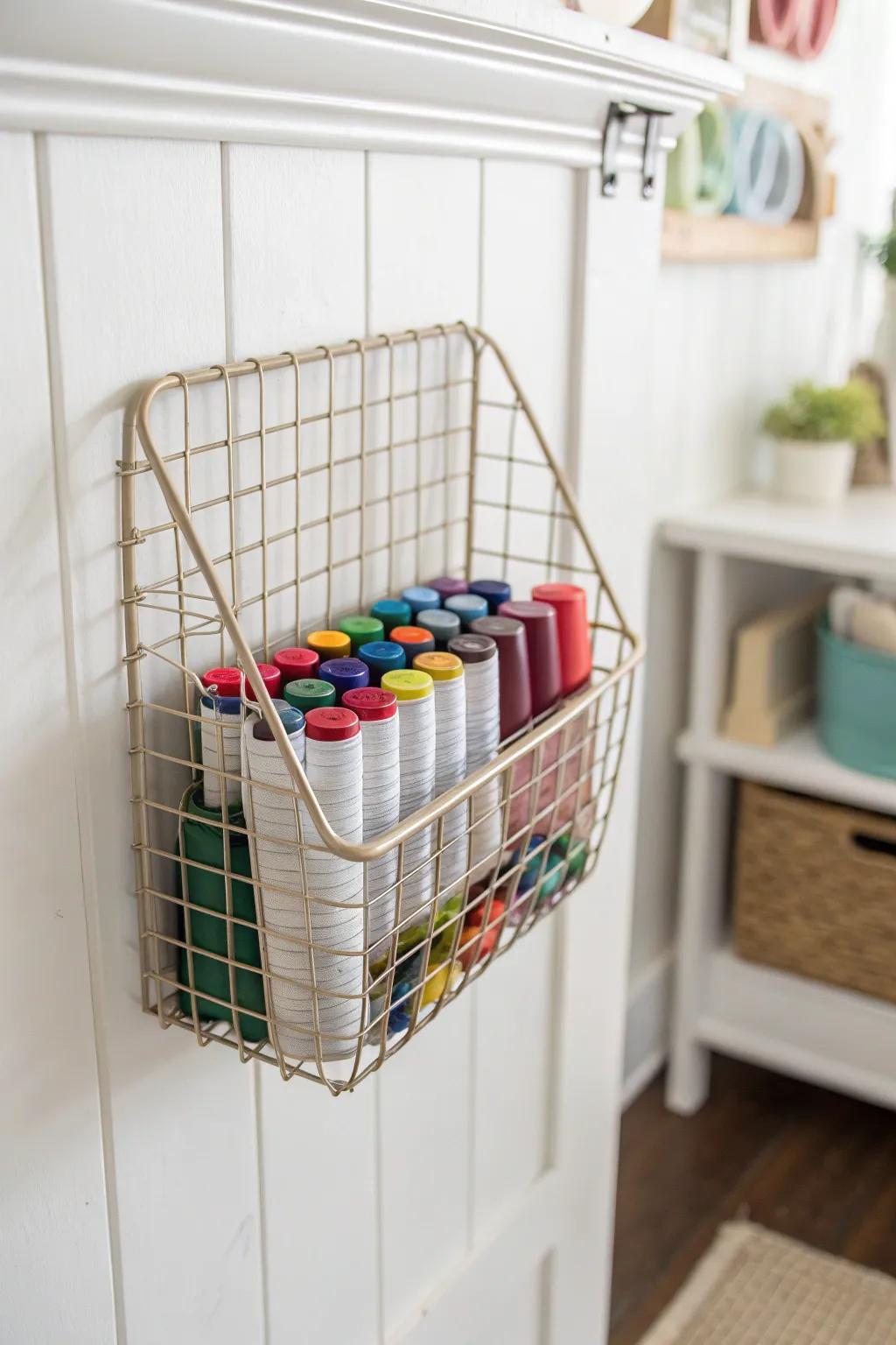 Transform your creative space with this chic wire mesh basket storage idea, combining style and practicality effortlessly.