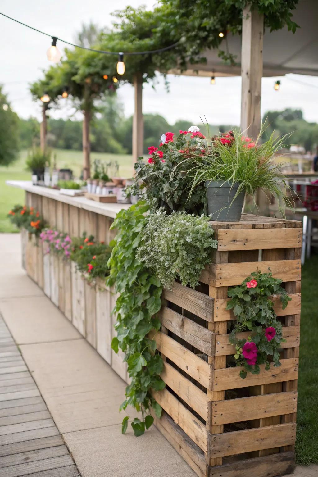 A pallet bar with integrated planters, bringing life and color to your space.