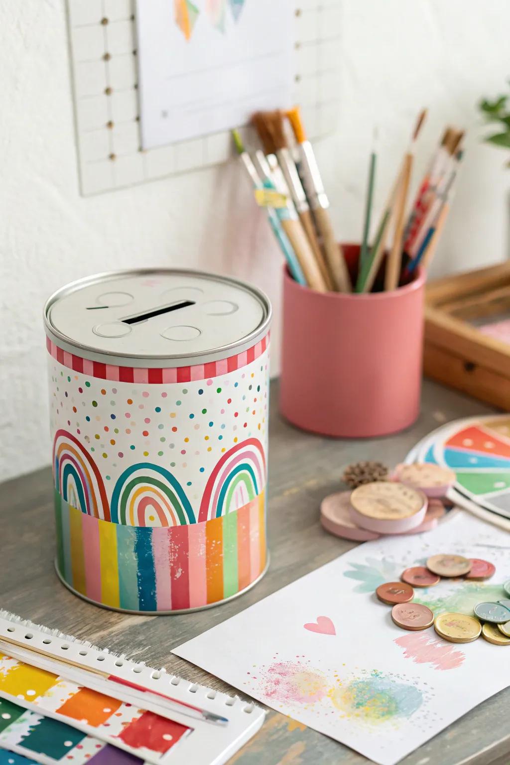 Vibrant paint can coin bank.