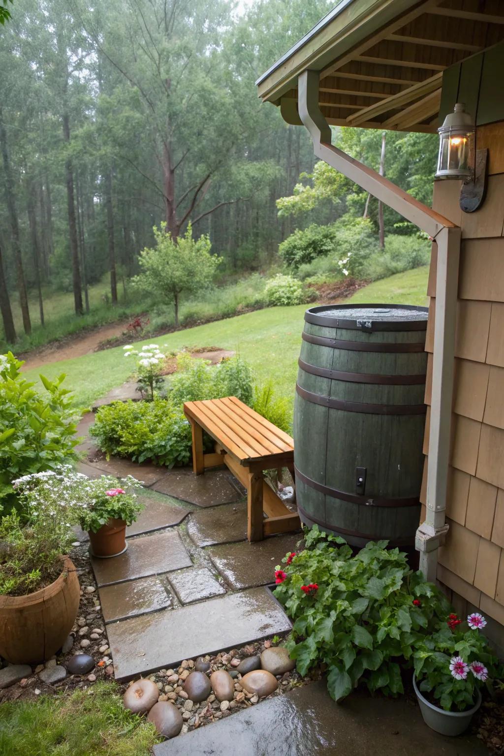 A rain barrel with a bench top offers a perfect spot to relax in the garden.