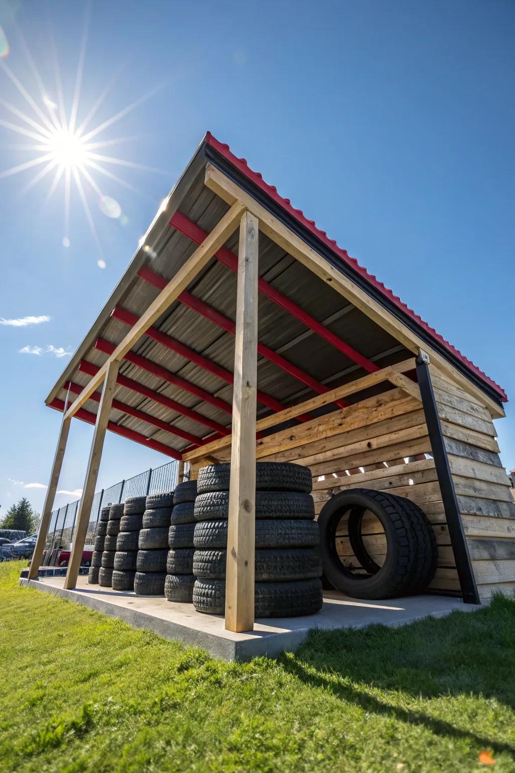 Craft your own outdoor tire shelter: the perfect blend of style and functionality.