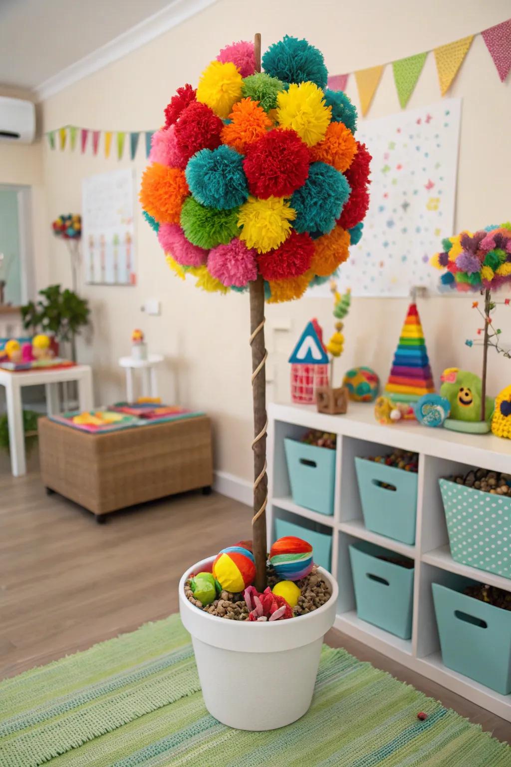 A colorful pom-pom topiary adding fun and color to a children's playroom.