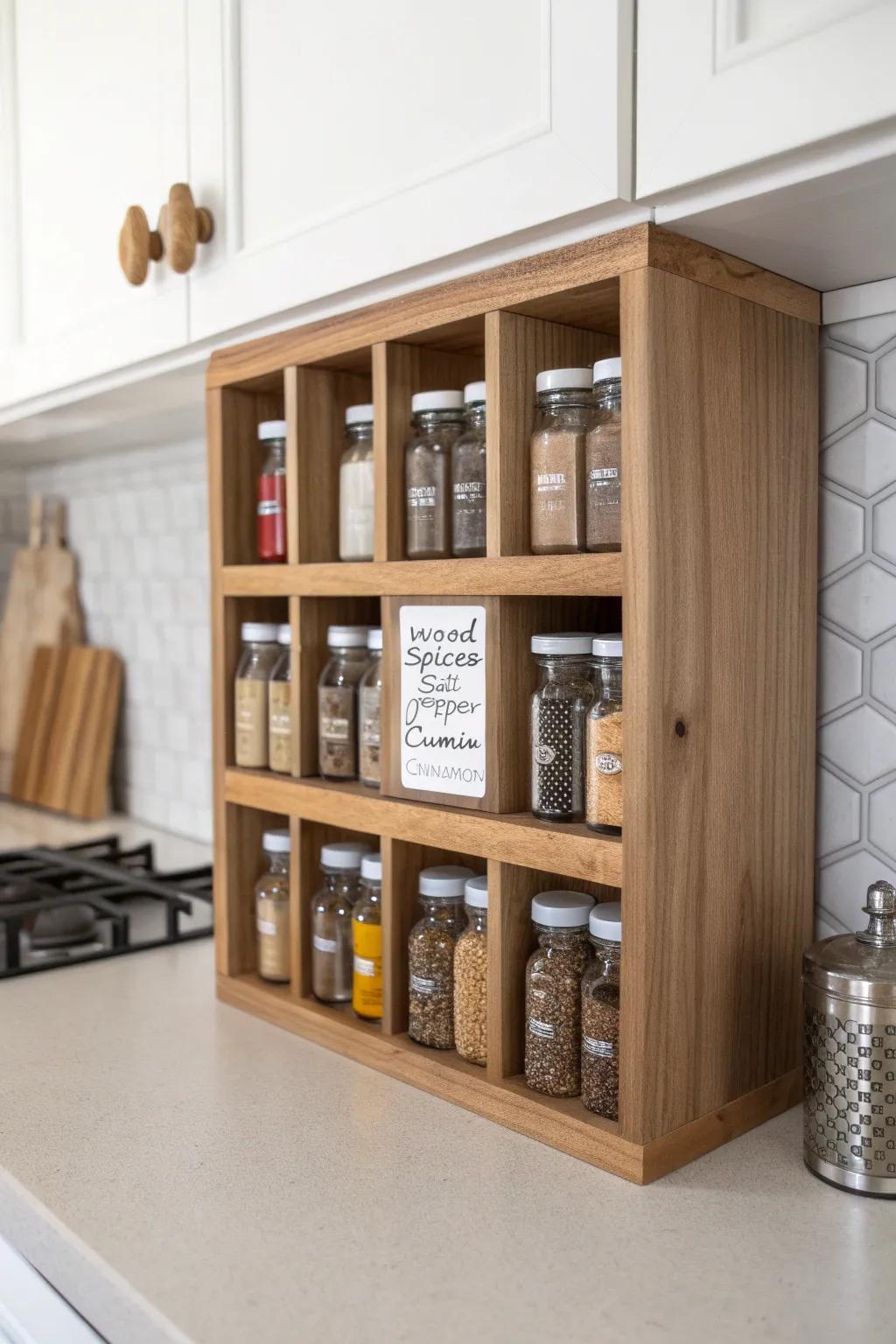 Transform your kitchen with this charming under cabinet spice library, the perfect blend of minimalism and boho chic.