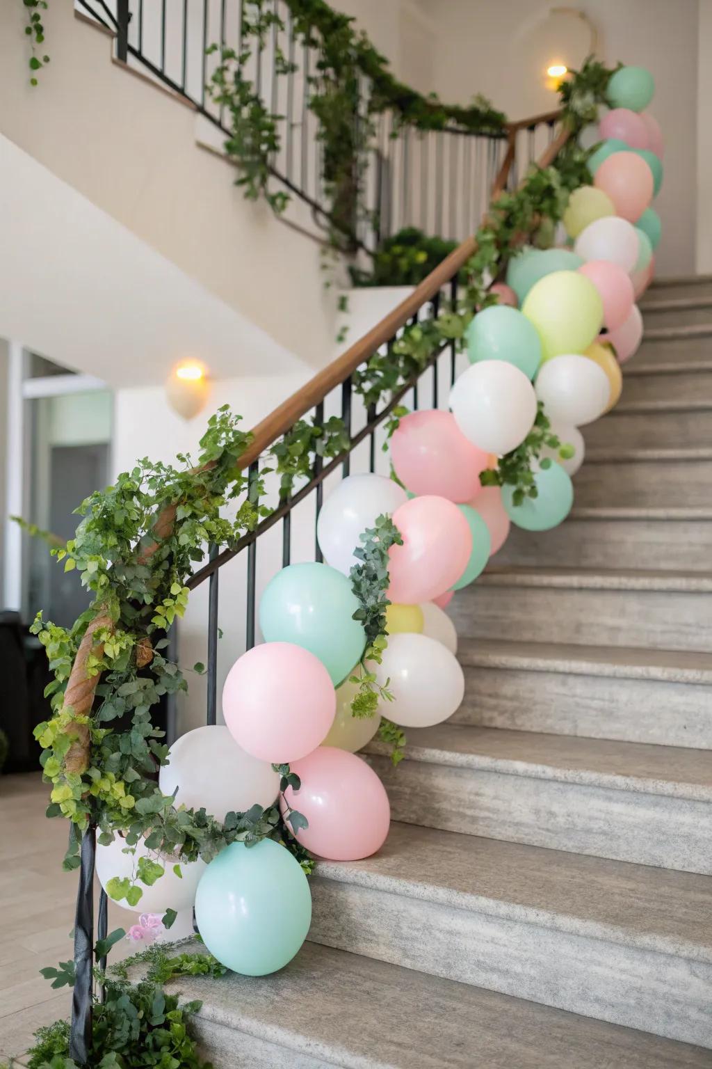 A balloon garland staircase adds elegance and charm to your home decor.