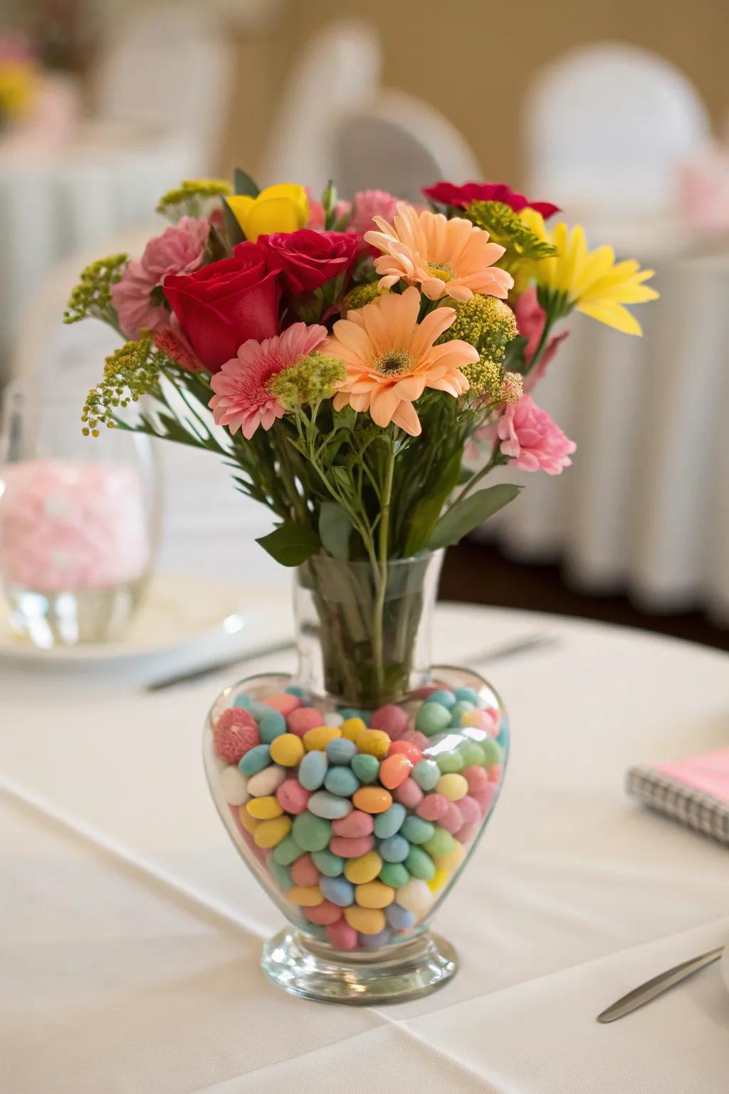 A candy heart vase adds a sweet twist to your floral arrangements.