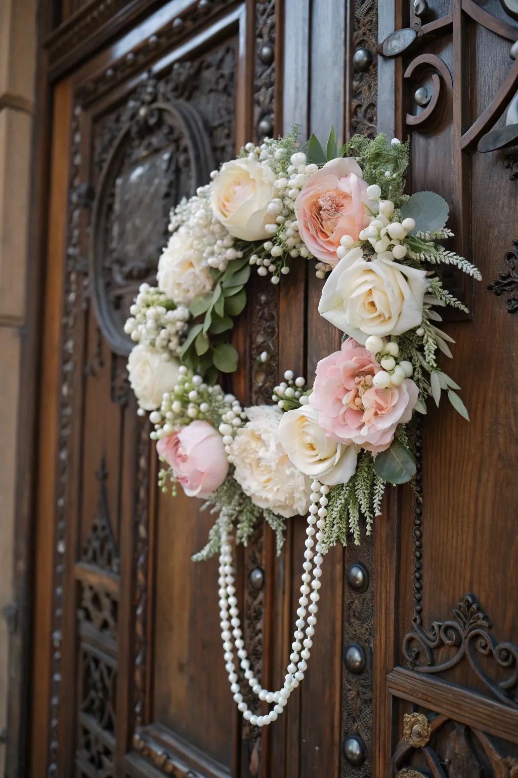 Add sophistication with a peony and pearl wreath.