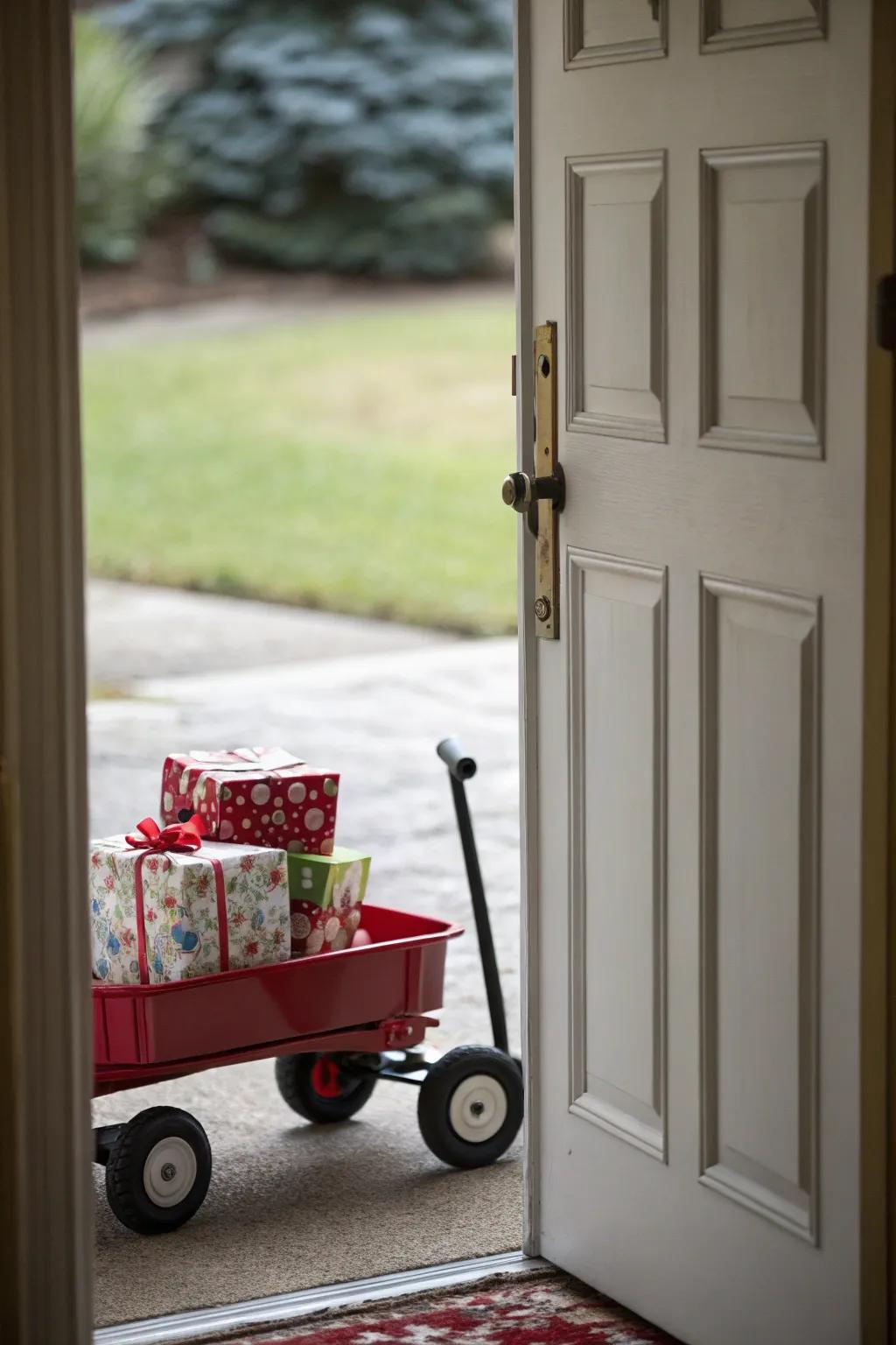 A delightful door decorated with a red wagon full of presents.