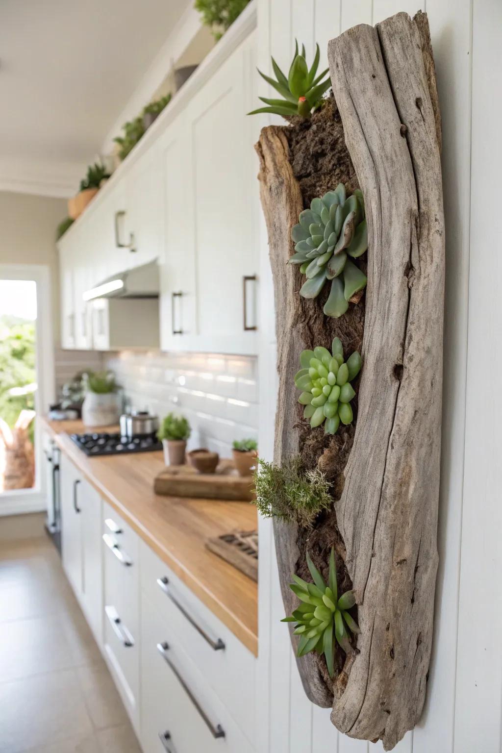 Living wall art with driftwood and succulents, enhancing a kitchen with greenery.