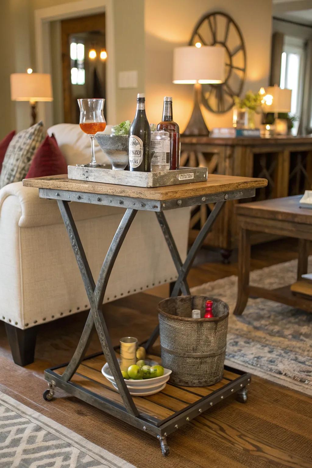 An eclectic drink table mixing materials in a stylish living room.