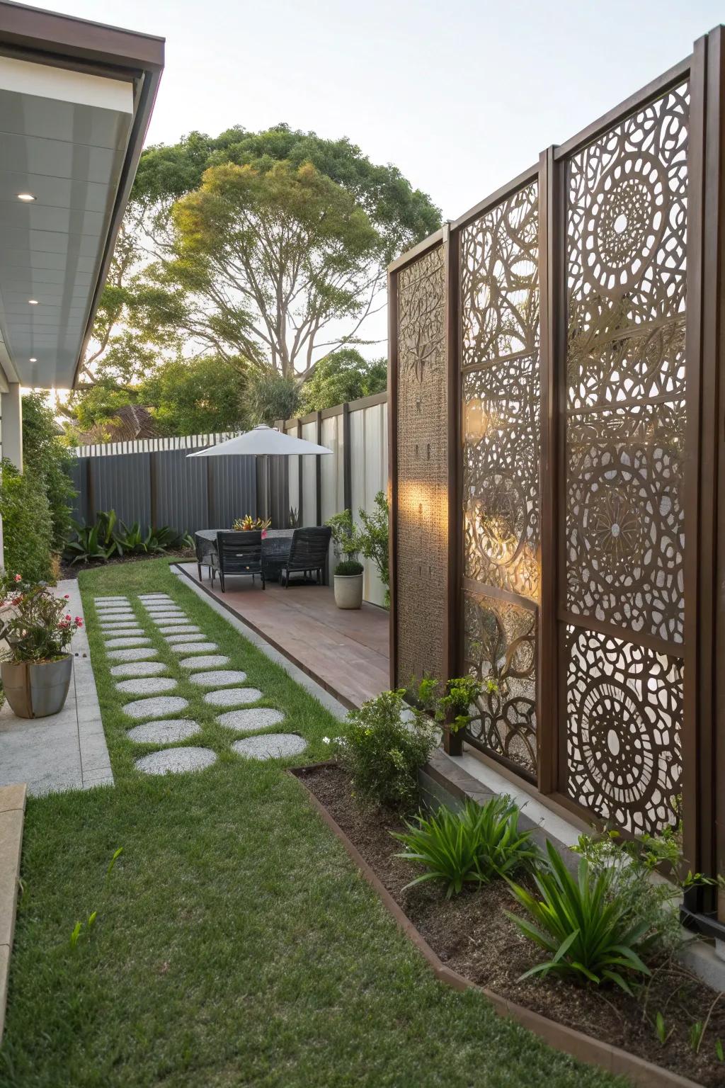 Decorative panels provide privacy with an artistic flair.