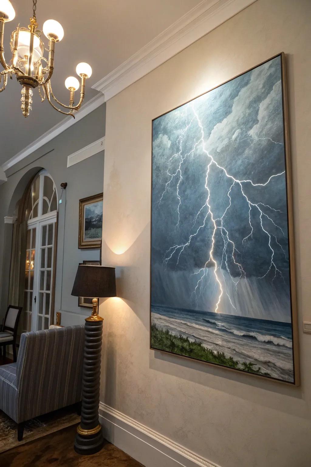 Add excitement with a gray-blue lightning storm painting.