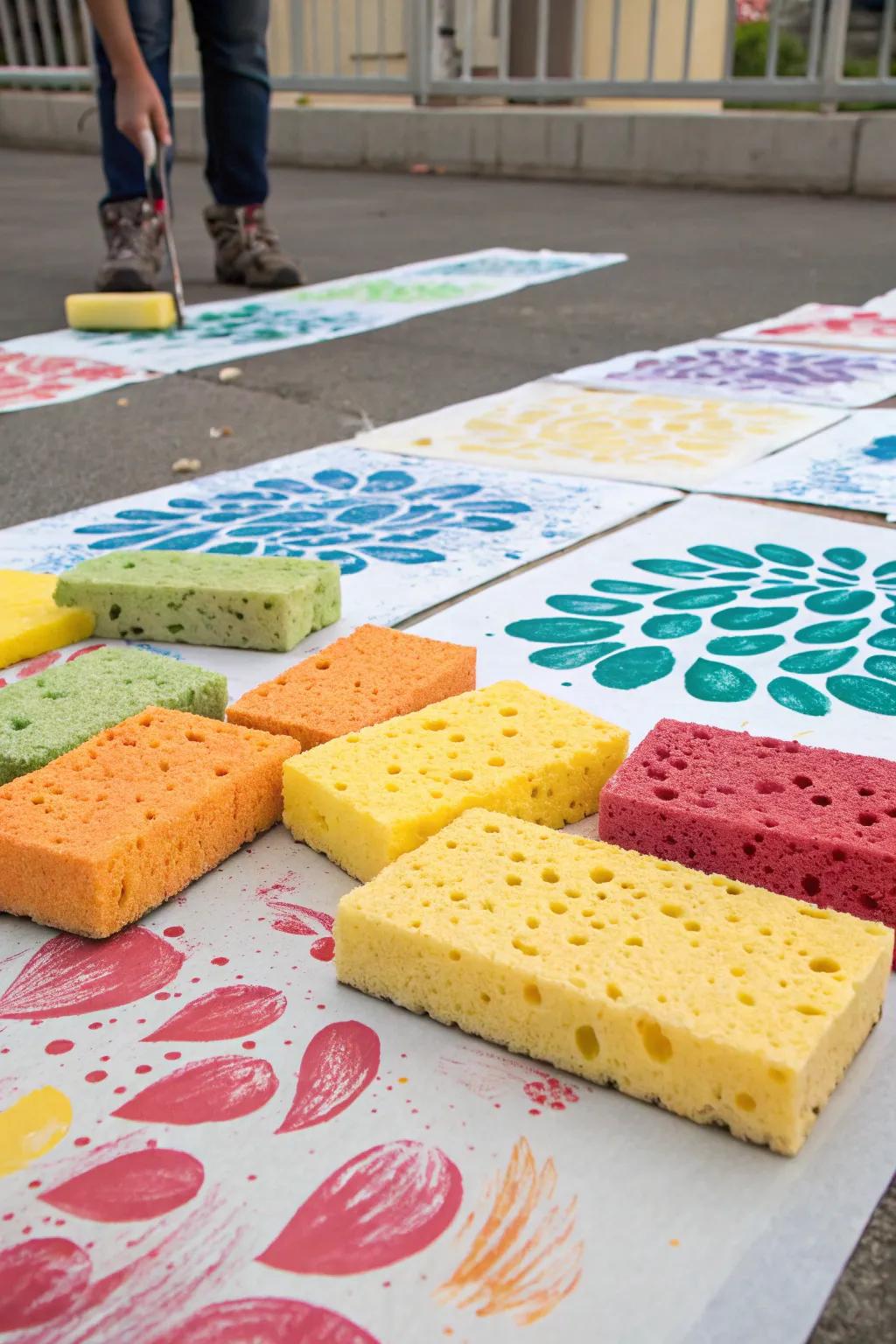 Sponge stamps provide soft, textured prints for larger designs.