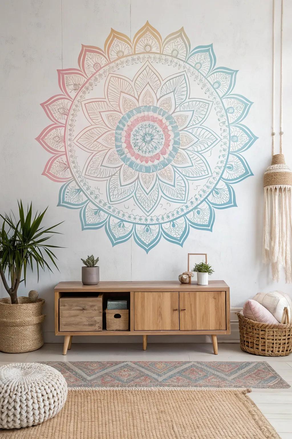Transform your space with the mystical allure of taped mandala designs, blending Scandinavian minimalism with boho charm.