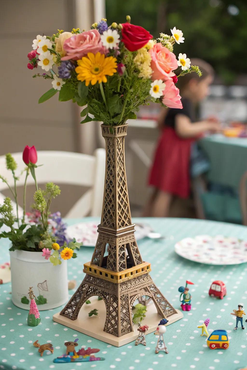 Miniatures inside the vase create a whimsical and delightful centerpiece.