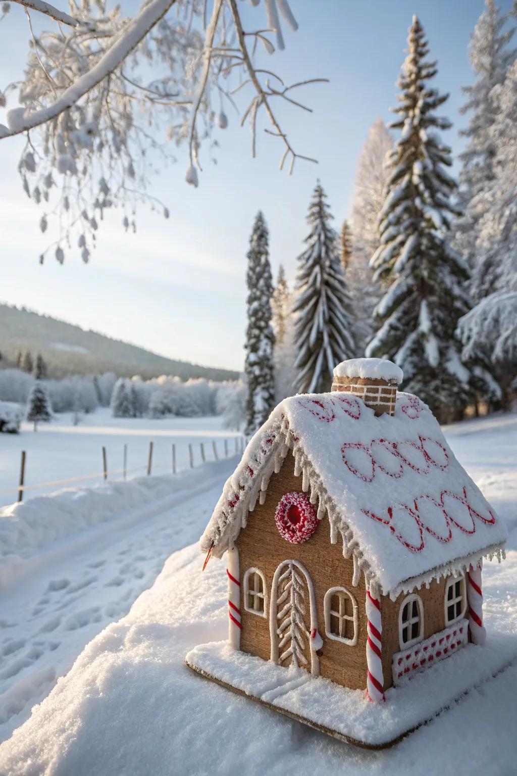 A snow-covered chalet made of gingerbread.