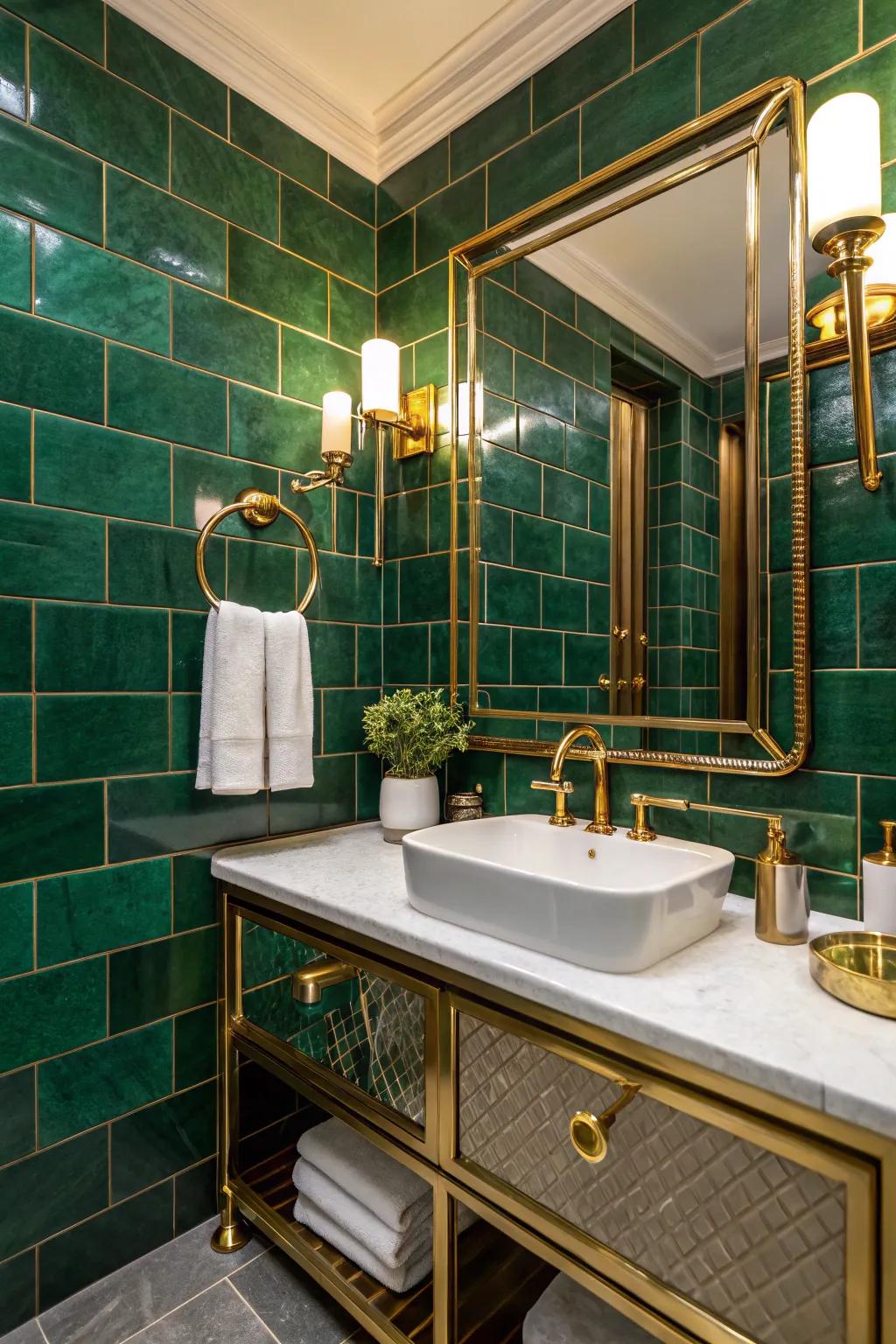 A bathroom transformed with emerald green tiles and gold fixtures.