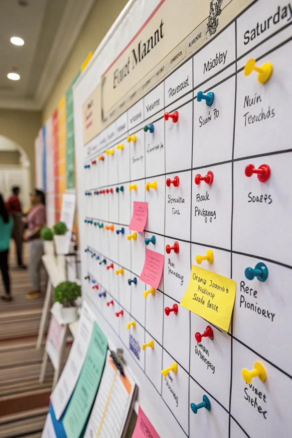 An organized event planner board with dates and pins.